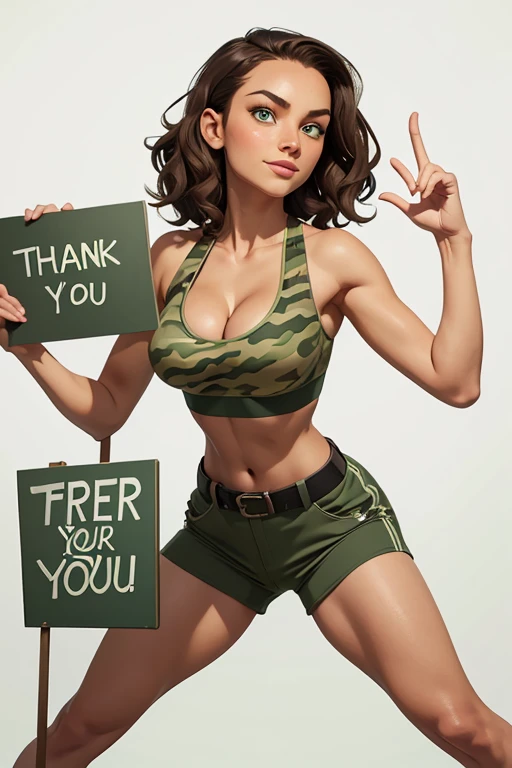 (((cleavage))), big, full body, solo, Nina Dobrev, (((short wavy hair))), (Bring out your forehead:1.2), (((detailed eyes))), sexy smile, tight camo shorts, belt, (((green military sports bra))), fit, beautiful, masterpiece, best quality, full body, (((white background))), (8k,masterpiece, top quality, best quality, beautiful and aesthetic:1.2), professional:1.1), (super model, super idol, perfect face, beautiful face, beautiful hair, beautiful eyes, happy, blank background, holding sign that states Thank you 500 Watchers