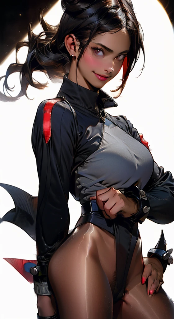 solo, masterpiece, best quality, agrias, grey sweater, black leotard, standing, looking at viewer, short hair,oculos,evil smile, evil look, chun li,luvas preta,roupa azul,yandere rosto,low lighting,coxa sarada