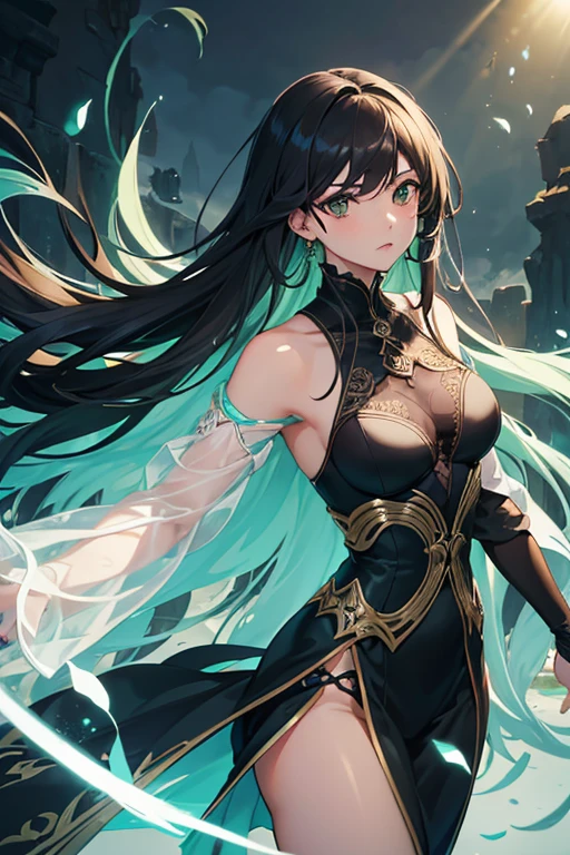 top-quality、extremely delicate and beautiful、femele、(blue robe)、A dark-haired、verd s eyes、Black Bikini、Black bikini on lower body