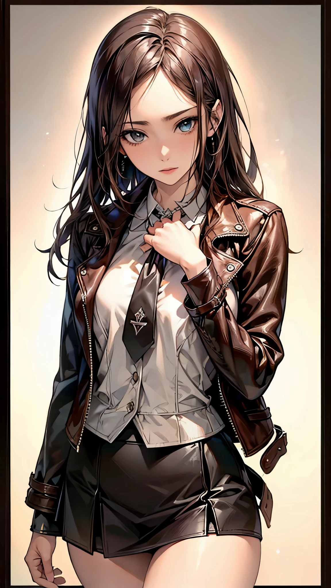 ((Biologically correct number of limbs))、(( Upper body photo including face))、4K、((standing position))、masterpiece、((focus on the face))、((Symmetrical facial features))、Eyes with detailed description、Beautiful woman、outstanding style、beautiful clavicle、beautiful legs、beautiful hands、slender body、(stockings、high heels)、Detailed depiction of faces、small earrings、necklace、(leather jacket、leather skirt)、close up of face、lighting to the face、tie、(((White border photo)))、fine