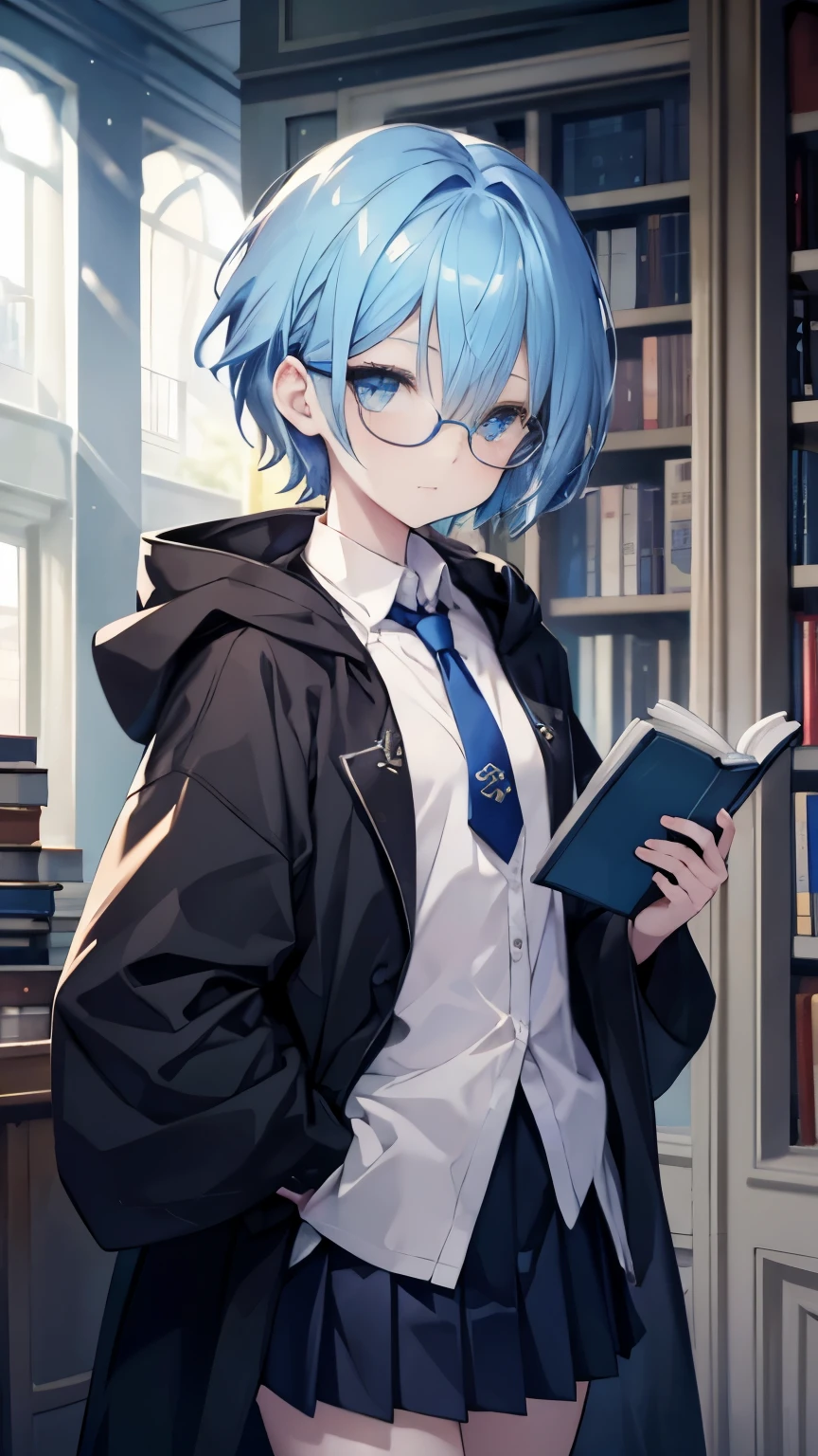 ,girl,best image quality,,Blue Hair,,blue eyes,glasses,white skin,,short hair,straight hair,half eyes,,Holding a book in both hands,pleated skirt,Y-shirt,tie,black cloak,chest,,library,,,small,