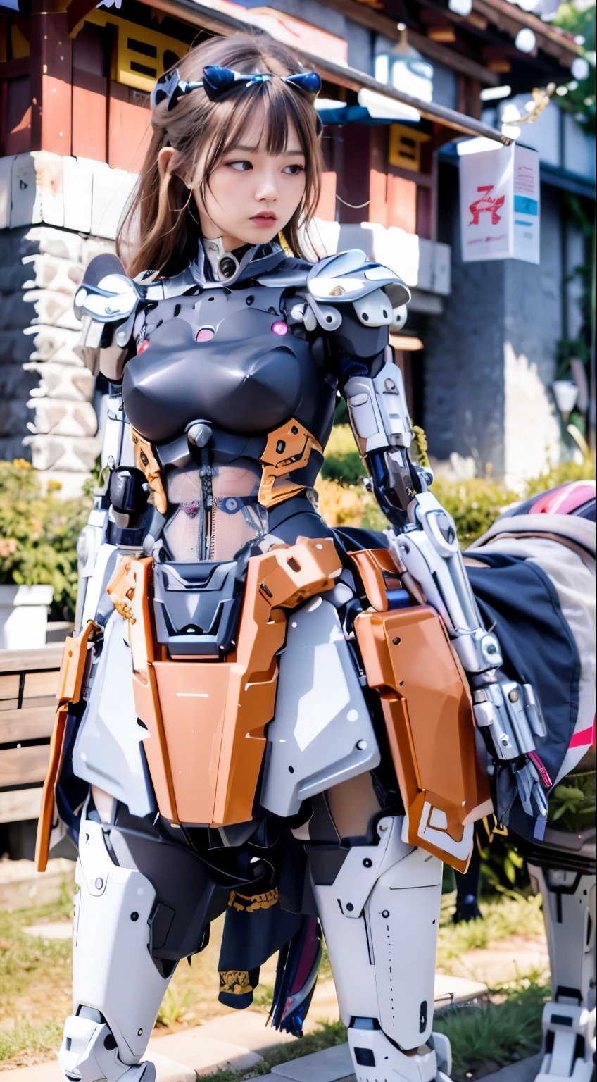 (Mechanical Girl)、（Mystical expression）、top-quality、​masterpiece、ultra high resolution、(Photorealsitic:1.4)、Raw photo、glowy skin、(((Mechanical Girl)))、（mechanical Bodysuit）、(Small LED)、((ultra realistic details)) ,globalillumination、Shadow、octan render、8K、ultrasharp、Colossal tits、Raw skin exposed in the cleavage, Details of complex ornaments、Japan details、highly intricate detail、Realistic light、CG Society Trenlow Eyes、Eyes shining towards the camera、Mechanical marginal blood vessels connected to neon detail tubes)、Small LED、,Mechanical thighs、Toostock、（Hands are also made of machines.traces on the cliff),  