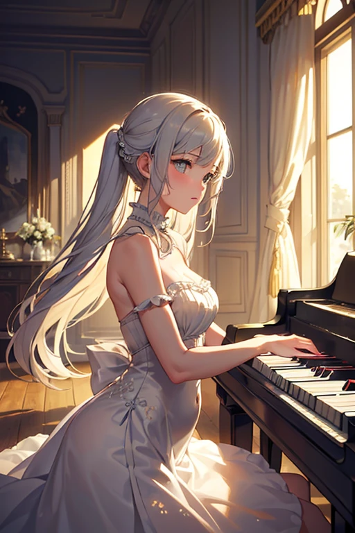 ((masterpiece:1.5,highest quality,Highly detailed images,Beautiful images、Realistic、Photorealistic、2.5D))(1girl)((Detailed face、Bright expression、White skin、small beautiful breasts、Best Looks、Shiny silver hair with highlights、bright and shiny hair,、Modern Hairstyles、Hair dancing in the wind))(Off-the-shoulder dress)(morning、Bright room、piano、play piano)take your eyes away from here、Beautiful profile,