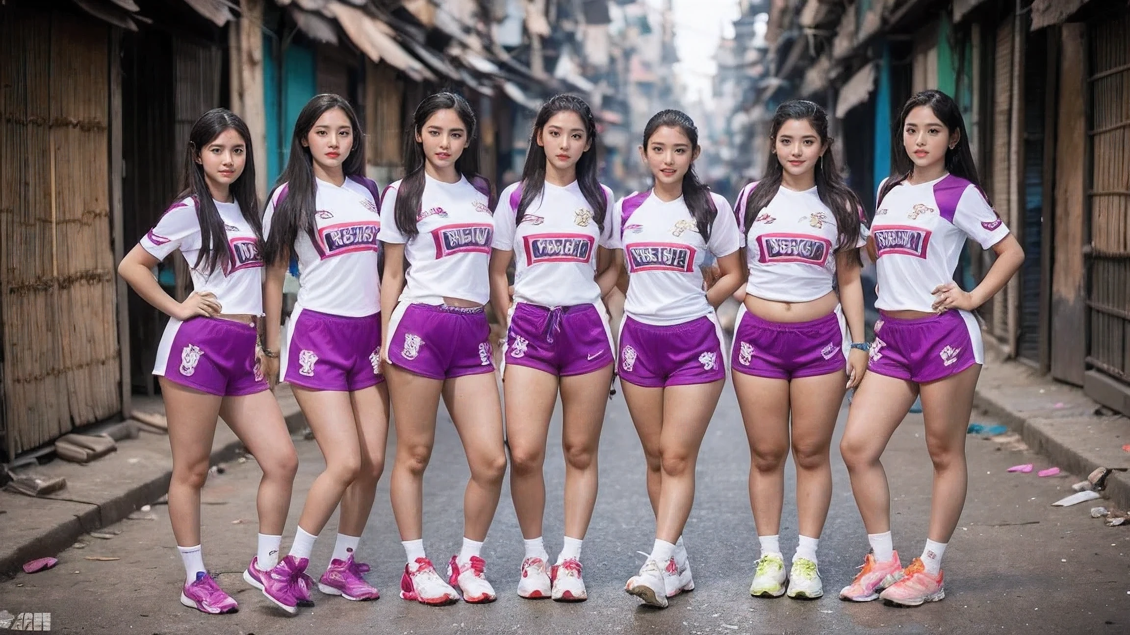 full body shot of ((8)) eight little Indian teenager girls with huge boobies and thick thighs, black hair, wearing only a light purple ((oversized football jersey shirt)) with white shorts paired with football boots, complete legs visible, sexy thighs, thighs visible, naked legs visible, perfect slim body figure, looking  at the viewer sideways, showing her sexy boobies, standing pose on the crowded street of the ((slums)) in Mumbai with legs wide spread apart, sunset time, realistic, masterpiece, photorealistic, realistic, 8k
