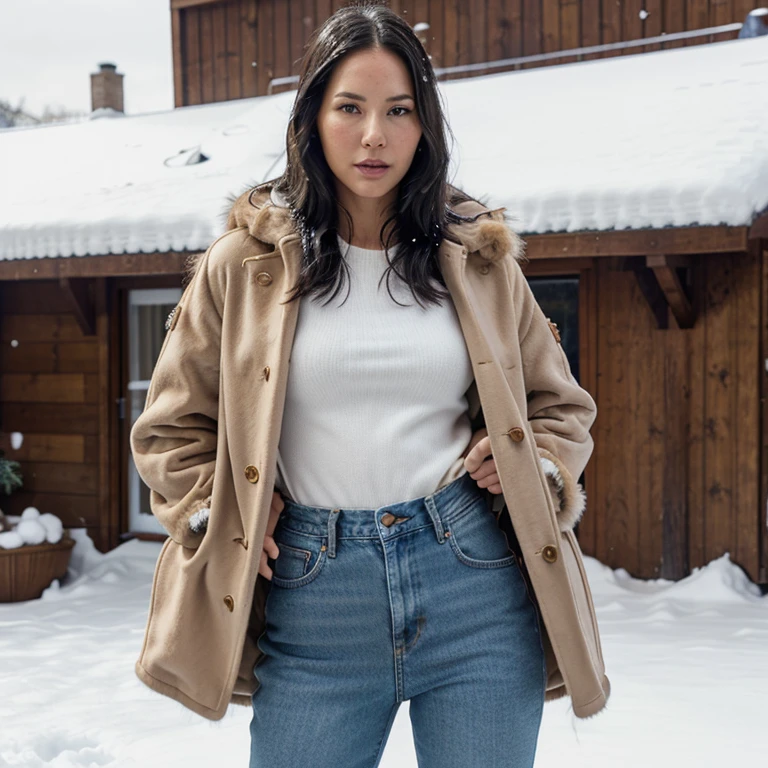 Olivia Munn in the snow wearing lion fur coat with jeans