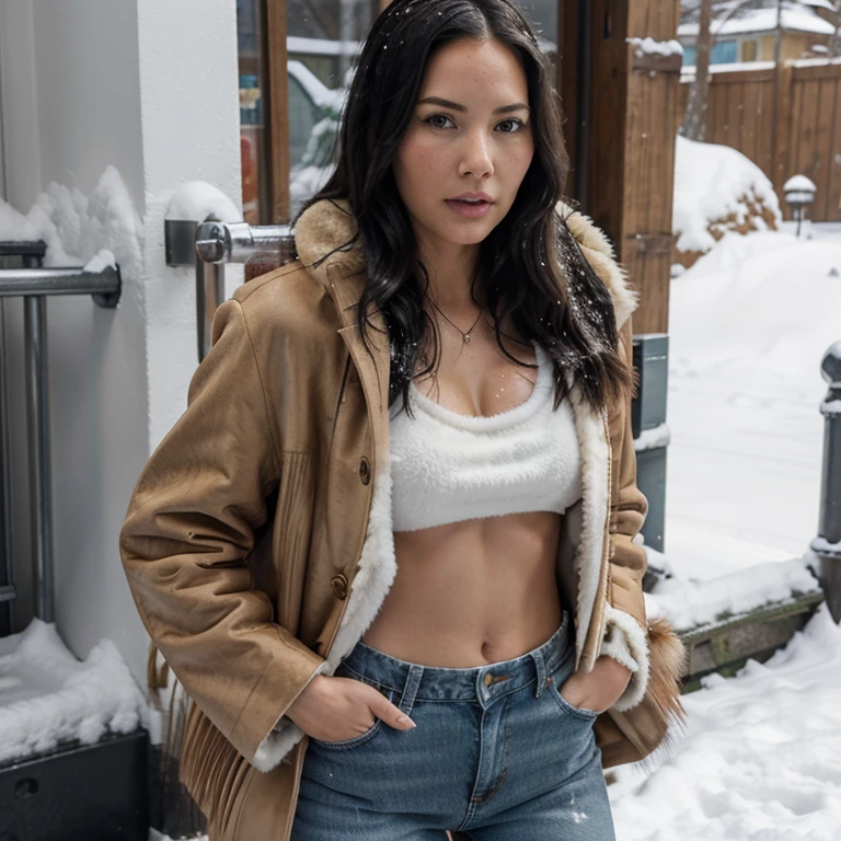 Olivia Munn in the snow wearing lion fur coat with jeans