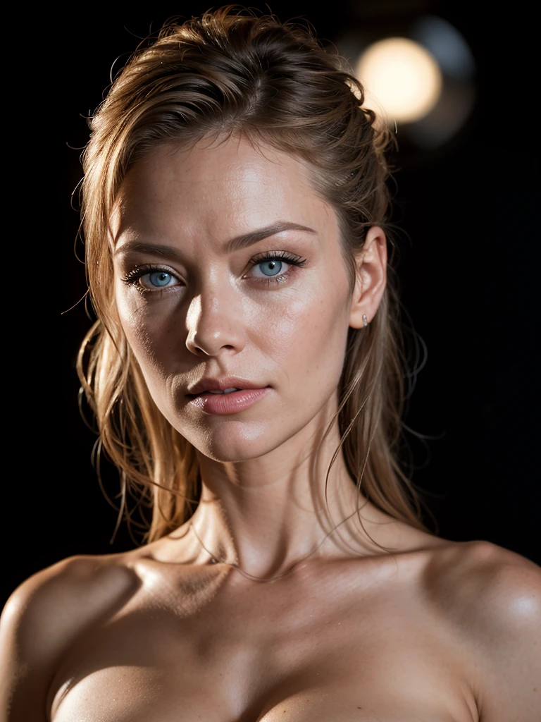 beautiful Slovakian supermodel, blonde, close up face portrait, ponytail, photorealistic, photo, masterpiece, realistic, realism, photorealism, high contrast, photorealistic digital art trending on Artstation 8k HD high definition detailed realistic, detailed, skin texture, hyper detailed, realistic skin texture, best quality, ultra high res, (photorealistic:1.4), high resolution, detailed, raw photo, nikon d850 film stock photograph 4 kodak portra 400 camera f1.6 lens rich colors hyper realistic lifelike texture dramatic lighting unrealengine trending on artstation cinestill 800,