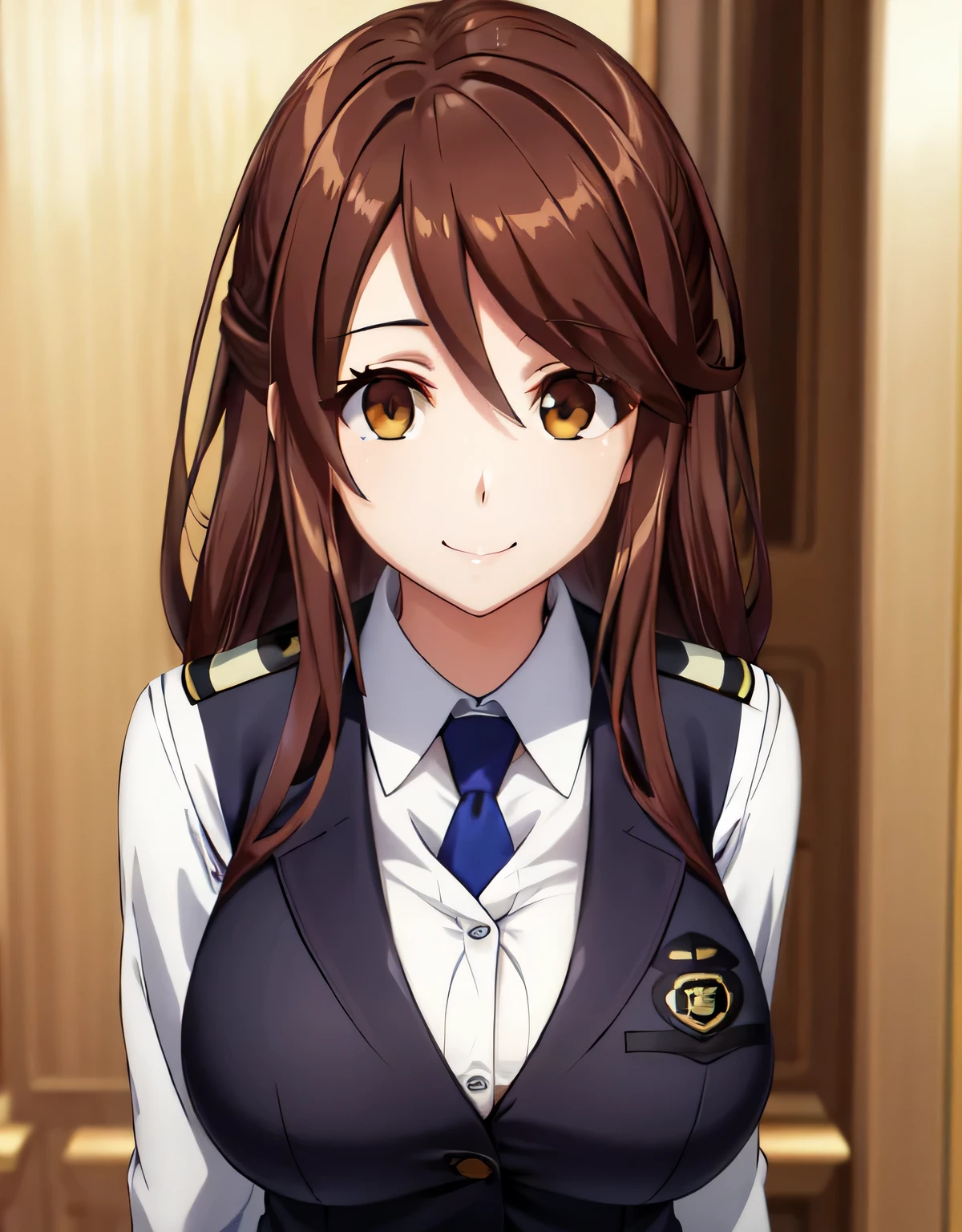 iida nana rw,(brown eyes),brown hair,long hair,police uniform,vest, collared shirt,skirt, blue necktie,(large breasts:1.5),(shiny,hair),((solo)),((masterpiece)),((best quality)),perfect anatomy,slim waist,perfect image,8k UHD,(beautiful detailed eyes:1.5),extremely detailed face,standing,(upper body:1.2),(look at the front:1.4),arms behindback,ultra-detailed,absurdres,highres,indoor room,smile,