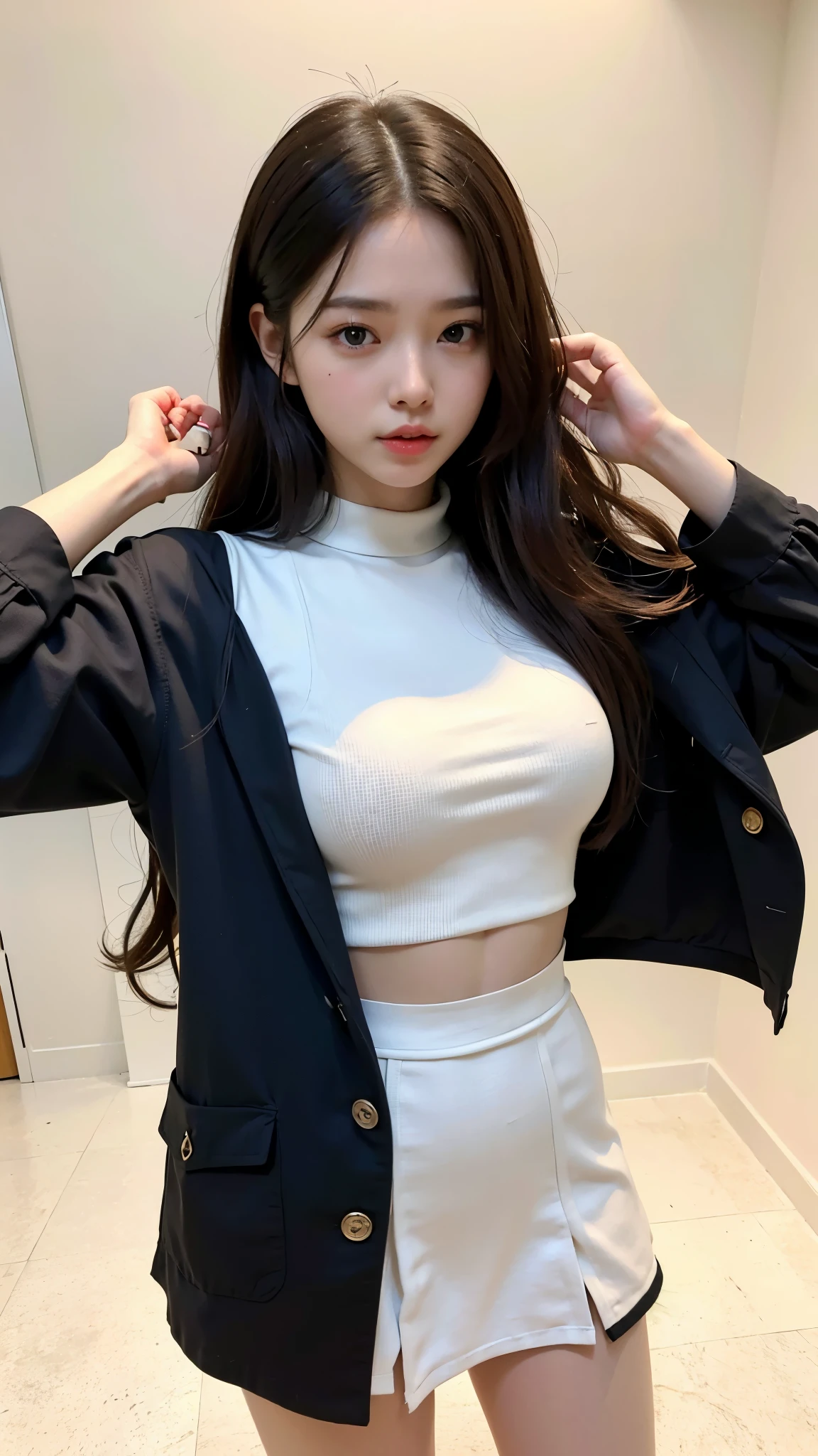 Full body photo of a woman with long hair and a white shirt,  revealing clothing、Federal Army Uniform、sleevelesicro mini skirt、