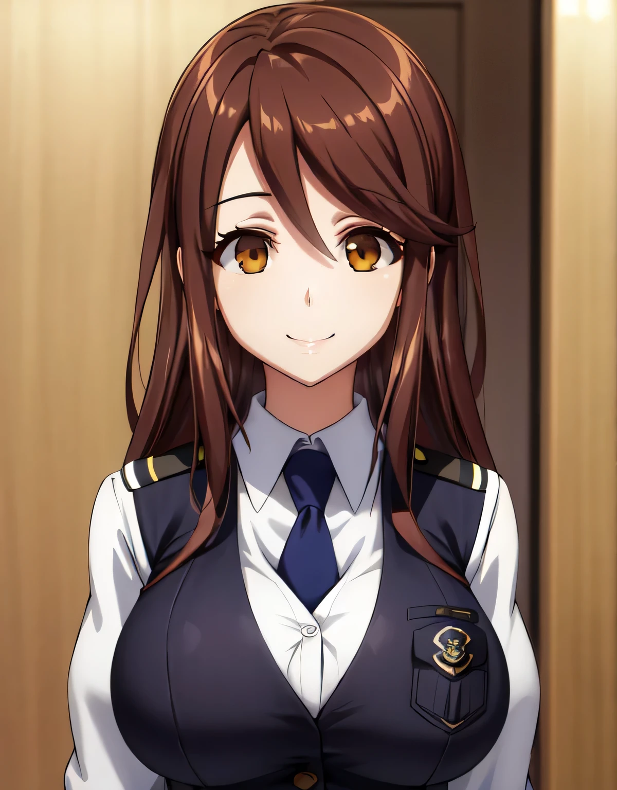 iida nana rw,(brown eyes),brown hair,long hair,police uniform,vest, collared shirt,skirt, blue necktie,(large breasts:1.5),(shiny,hair),((solo)),((masterpiece)),((best quality)),perfect anatomy,slim waist,perfect image,8k UHD,(beautiful detailed eyes:1.5),extremely detailed face,standing,(upper body:1.2),(look at the front:1.4),arms behindback,ultra-detailed,absurdres,highres,indoor room,smile,