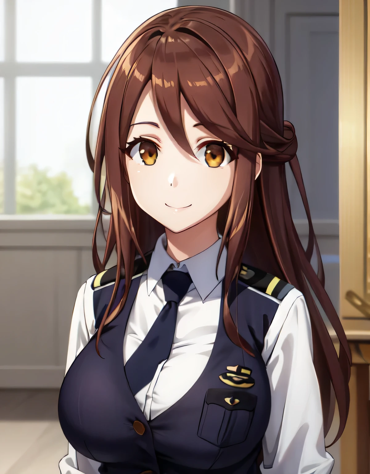 iida nana rw,(brown eyes),brown hair,long hair,police uniform,vest, collared shirt,skirt, blue necktie,(large breasts:1.5),(shiny,hair),((solo)),((masterpiece)),((best quality)),perfect anatomy,slim waist,perfect image,8k UHD,(beautiful detailed eyes:1.5),extremely detailed face,standing,(upper body:1.2),(look at the front:1.4),arms behindback,ultra-detailed,absurdres,highres,indoor room,smile,