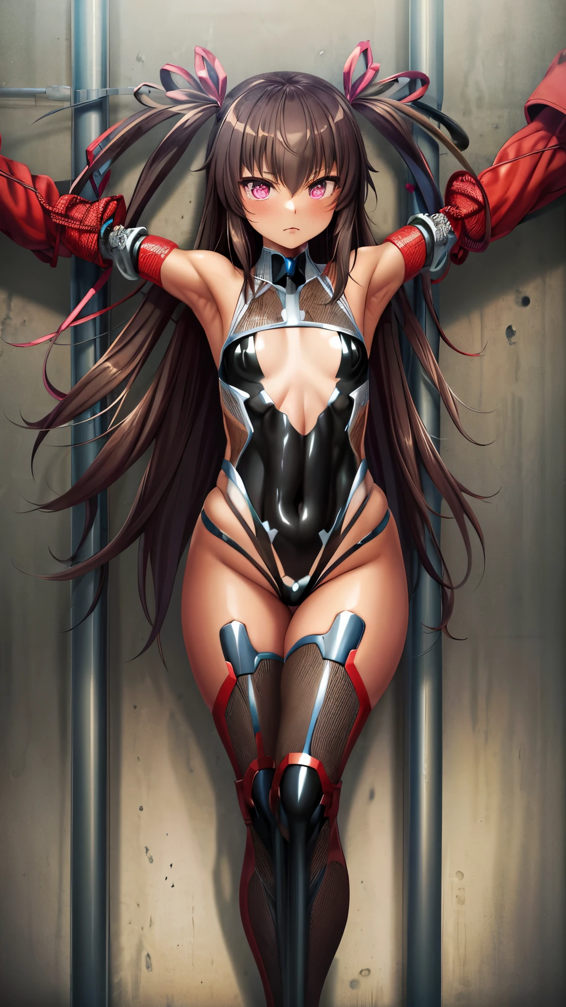 8K,highest quality,masterpiece, High resolution, ,(highest quality:1.1), (masterpiece:1.4), (absurd:1.0), portrait, 1 girl、Mizuki Yukikaze, flat tits ,skinny, crucifixion,hair ribbon, black leotard, Taimanin suit,   perfectfinger,thigh boots,(((prison))),((inside the cage)),(prisonの中),(prison), spread arms,