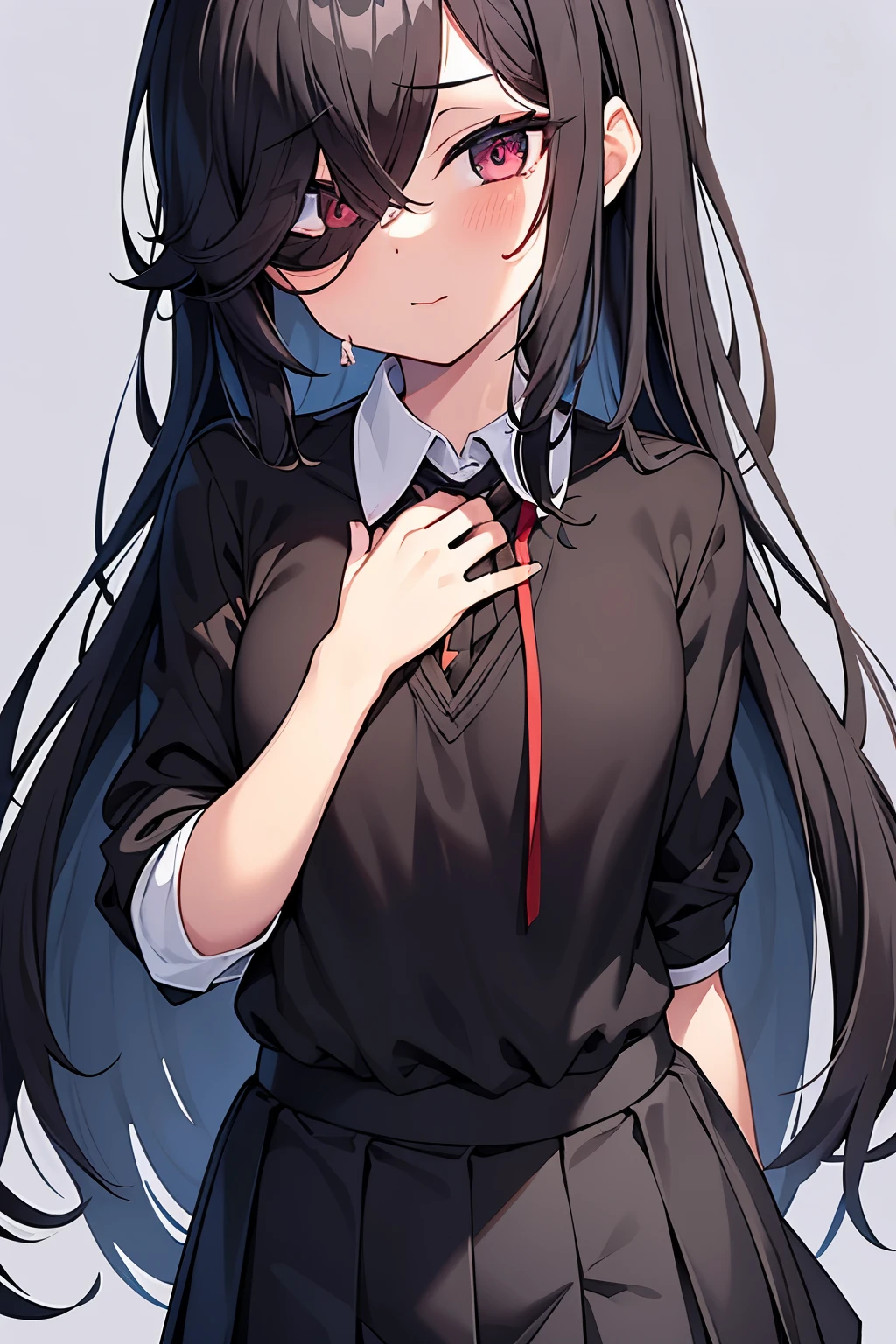 1 girl, black hair, (black school uniform)formal, Ghost, Ghost hair, hair above one eye, long hair, (one eye covered) Indiana Breath, Close-up Boy、flat chest