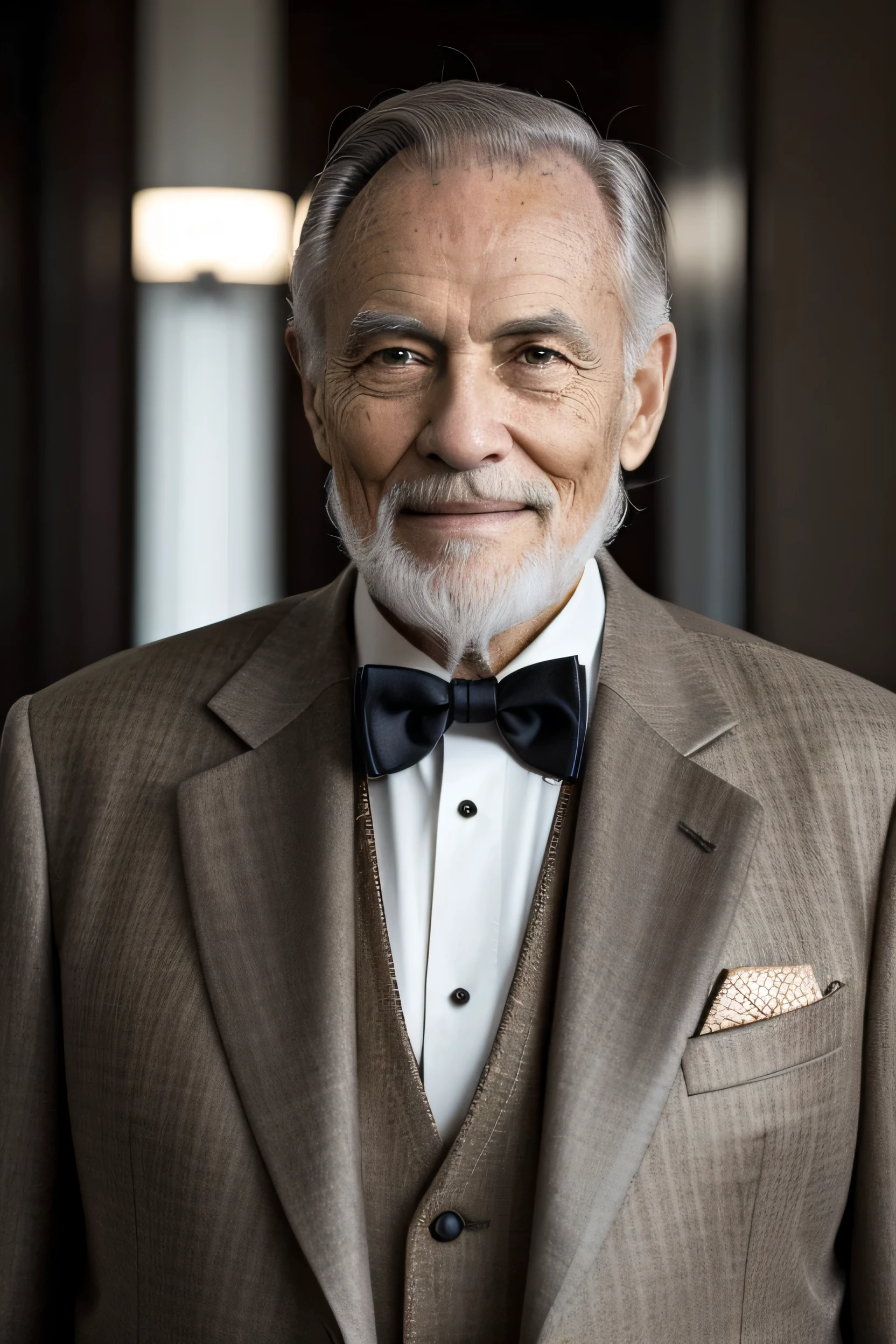 allure and mystery enshrouding his persona. The rich, neutral colors of the hotel's interior blend seamlessly with the old man's earth tone suit, creating a harmonious contrast that further emphasizes his unique character. The high-resolution image, captured in RAW format, showcases an exceptional level of detail, from the intricate stitching on the old man's jacket to the subtle textures of the hotel upholstery. This ultra-detailed portrait is a testament to the masterful blend of art and technology, encapsulating the essence of cinematic storytelling.