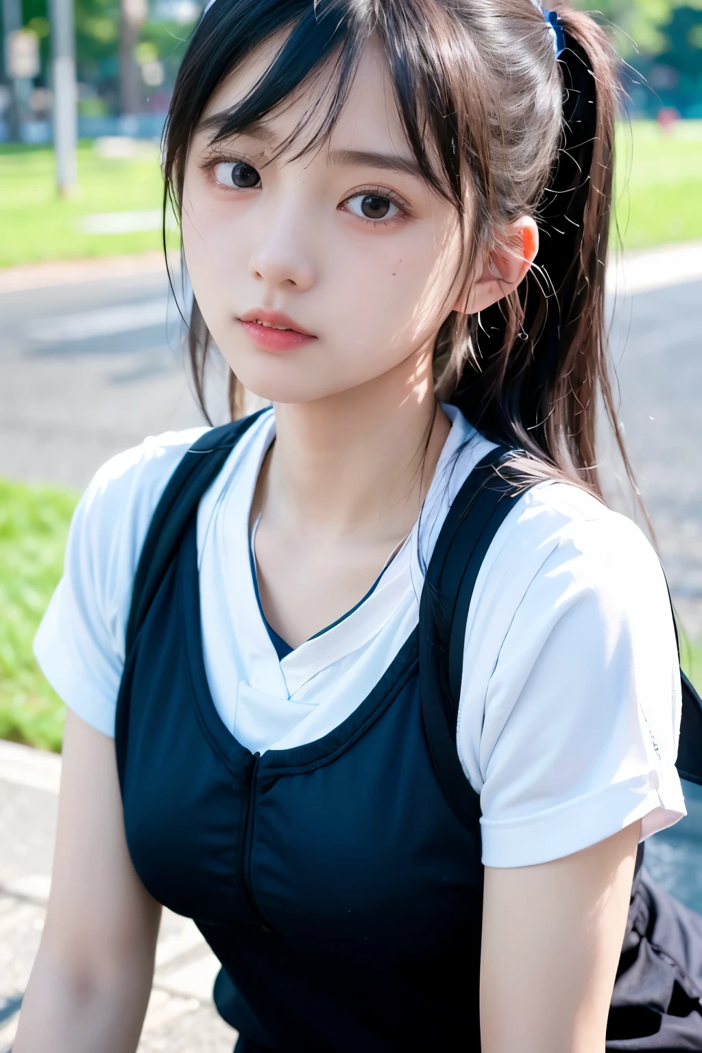 (1 nogizaka girl,teenager,raw photo,photo realistic:1.5),(best quality, high quality,HDR, highest quality,ultra high resolution,high resolution,high res,ultra high difinition,huge file size,8K,2K wallpaper,8K wallpaper,high quality texture,amazing,an extremely delicate:1.4),one girl, Japanese famous idol,beautiful face,small face,absurd,ridiculous,incredibly ridiculous,portrait,breasts close up,blurry background,(gym uniform:1.2),medium skin,beautiful skin,small head,black hair,silky hair,(Japanese eyes:1.3),black eyes,Japanese idol eyes,Japanese nose,5-fingers,(eyebrow:-0.5),(Light Particles, Lens Flare, Luminous Particles: 0.7),looking at viewer,bright lighting,professional lighting,girl