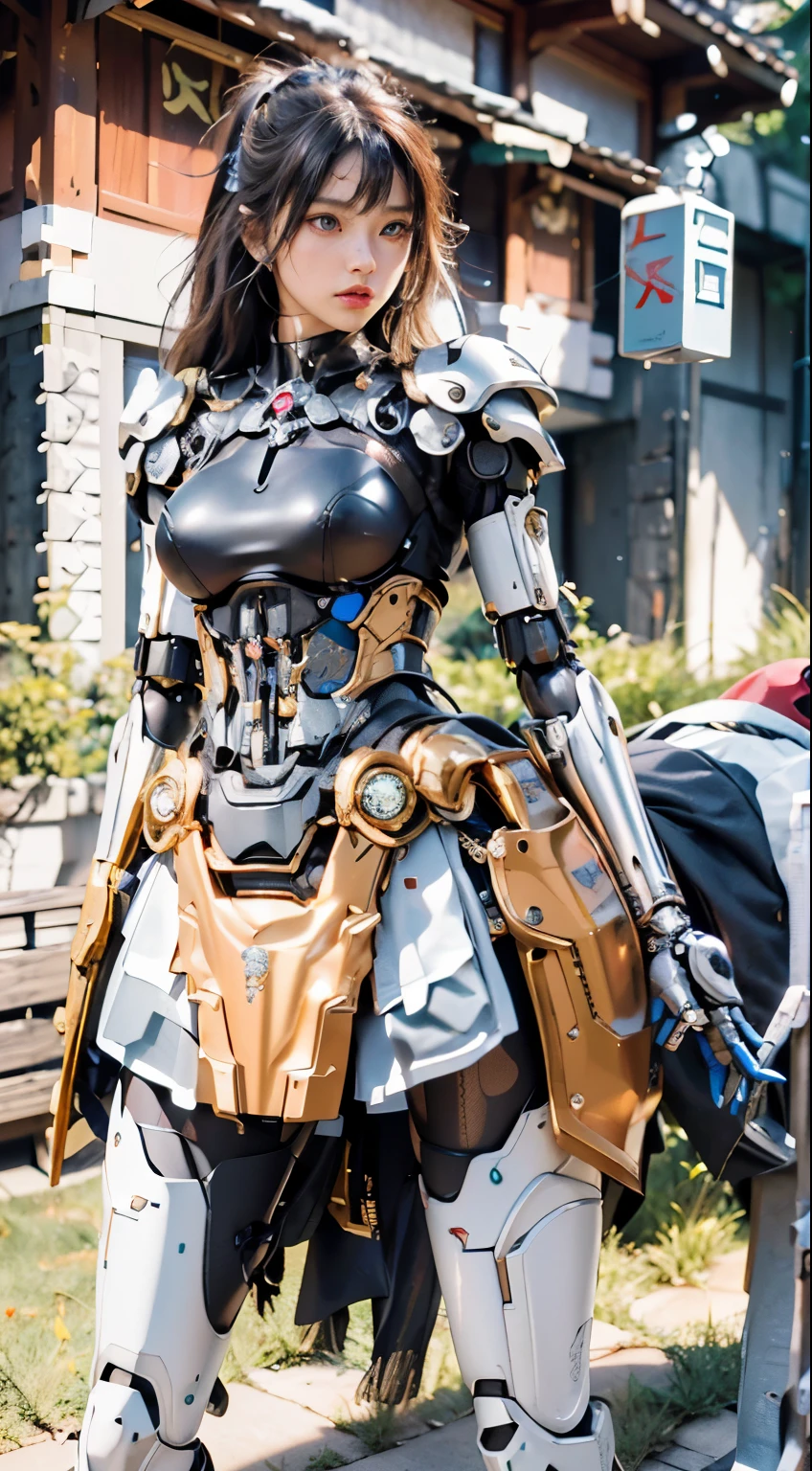 (Mechanical Girl)、（Mystical expression）、top-quality、​masterpiece、ultra high resolution、(Photorealsitic:1.4)、Raw photo、glowy skin、(((Mechanical Girl)))、（mechanical Bodysuit）、(Small LED)、((ultra realistic details)) ,globalillumination、Shadow、octan render、8K、ultrasharp、Colossal tits、Raw skin exposed in the cleavage, Details of complex ornaments、Japan details、highly intricate detail、Realistic light、CG Society Trenlow Eyes、Eyes shining towards the camera、Mechanical marginal blood vessels connected to neon detail tubes)、Small LED、,Mechanical thighs、Toostock、（Hands are also made of machines.traces on the cliff),  