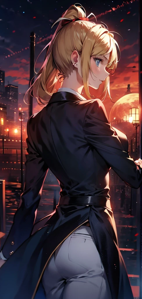 Blonde ponytail woman，long coat，Rear view，silhouette，sexy body，Red Moon，Gate，Gateの先に別世界，