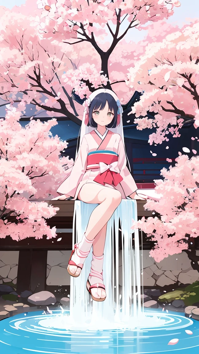 masterpiece, highest quality, shape, 1 girl, cherry blossoms乙女,cherry blossoms, flat color, line drawing, abstract, beautiful,Japan Themes,water play