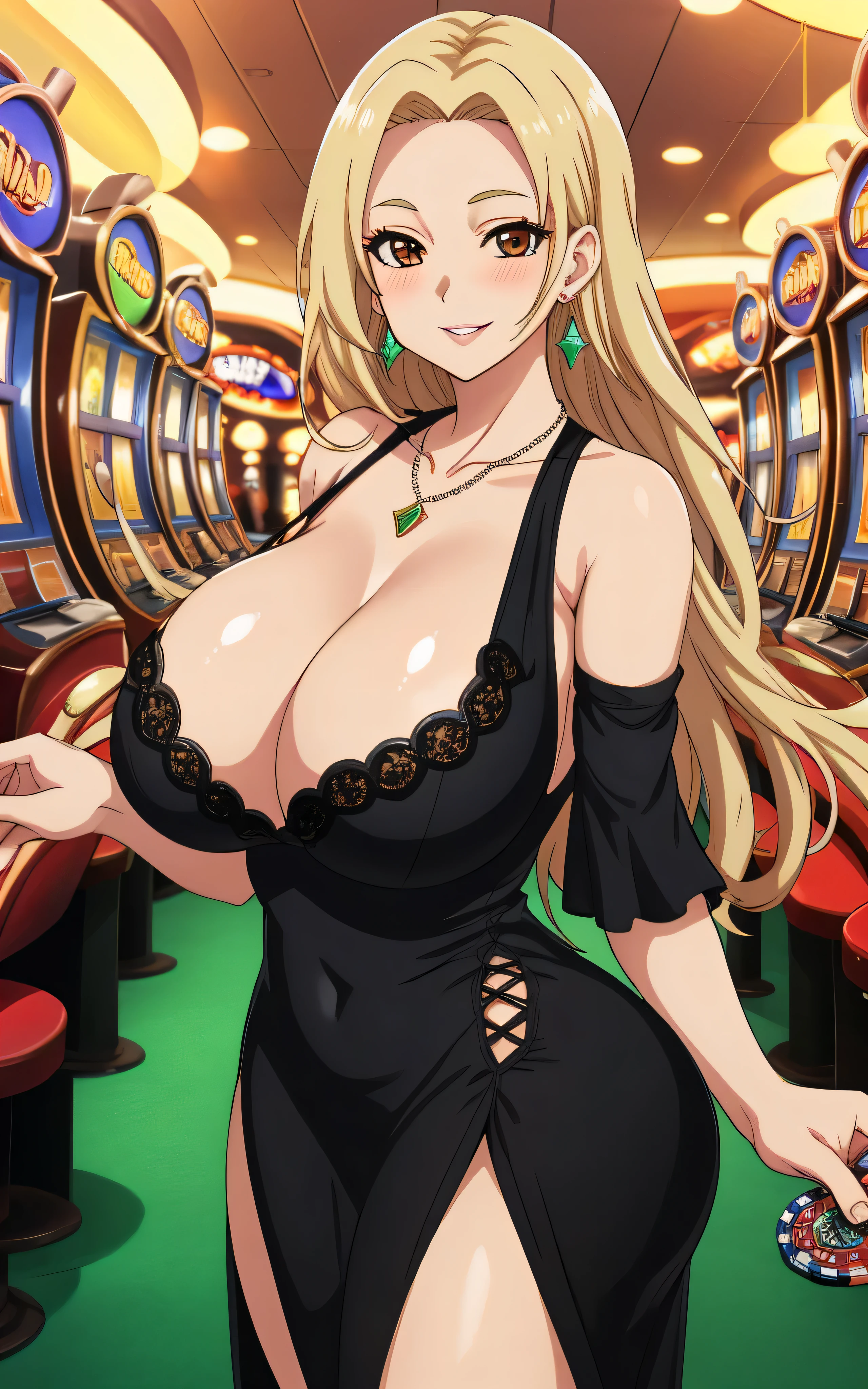 score_9, score_8_up, score_7_up, score_9, source_anime, BREAK  best quality, 1girl, (huge breasts:1.3), curvy, hyperdetailed, adult, thick lips, Tsunade, blonde hair, beautiful brown eyes, forehead jewel, mature female, large breasts, looking at viewer, dress, skin tight dress, big breasts, huge breasts, cute smile, shy smile, blushed smile, big ass, huge ass, at casino, slot machines, holding margarita, cute dress, sparkly dress, glitter dress, black dress, black lace dress, cleavage, giant breasts, playing slot machine, nice casino background, full frame, diamond earrings, necklace 