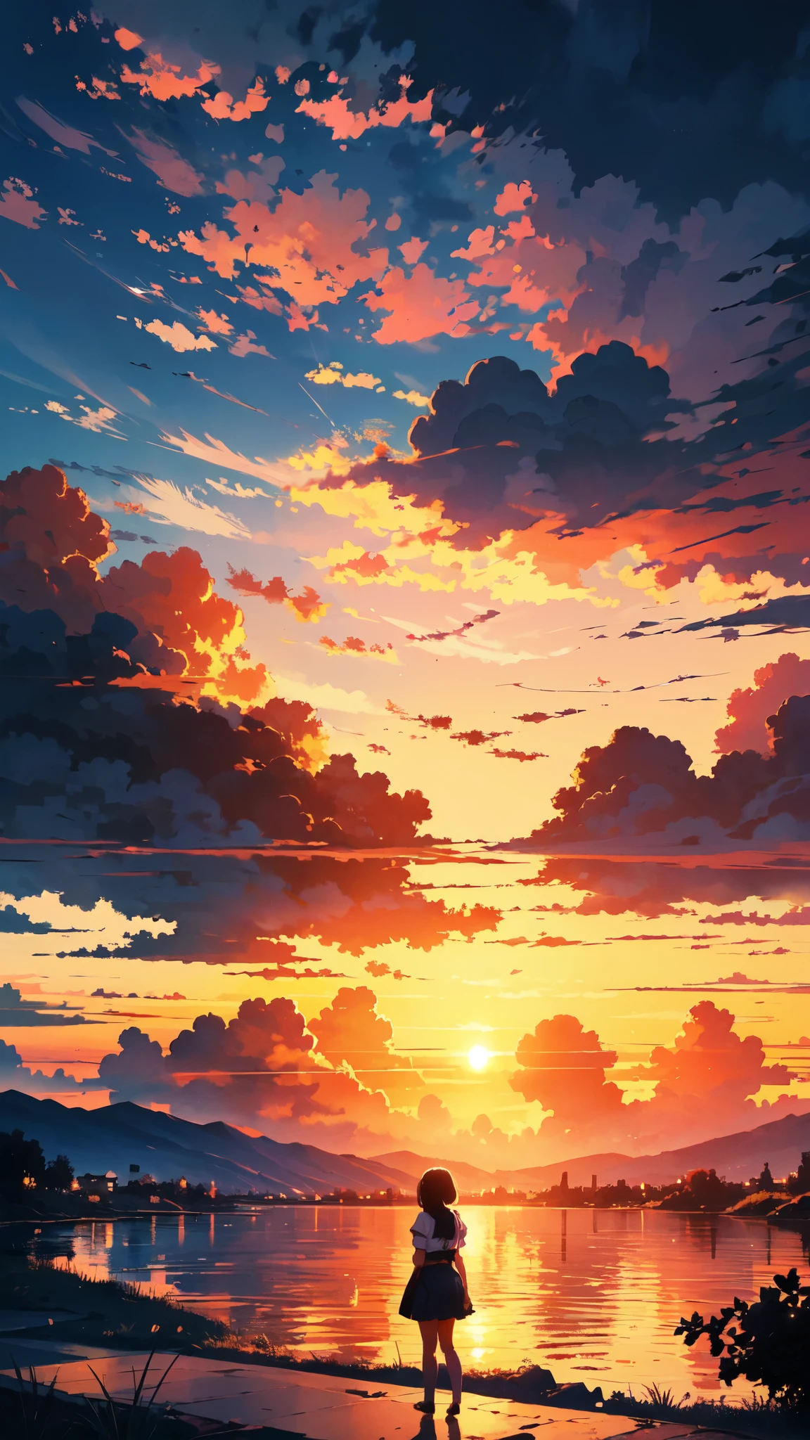 "Charming sunset moments,A girl is mesmerized by the magnificent golden sunlight and rolling clouds, Invoke a sense of awe and vibrant colors. masterpiece."