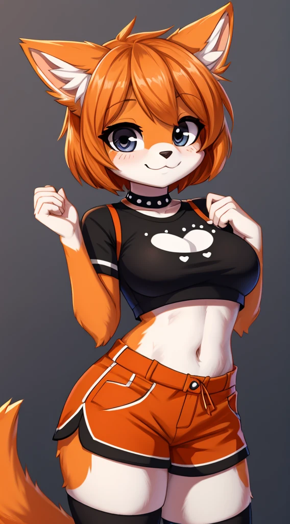 furry woman, with orange fur with, black and white spots, one black spot over her eye, cute, 8k,fuzzy fur,cute outfit, cute face, short pants and a crop top
