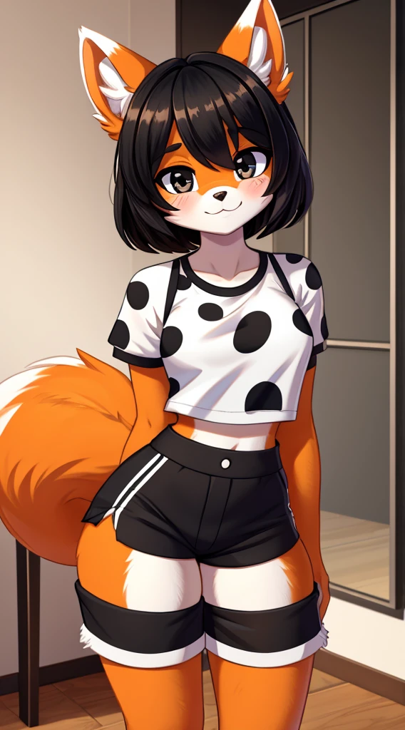 furry woman, with orange fur with, black and white spots, one black spot over her eye, cute, 8k,fuzzy fur,cute outfit, cute face, short pants and a crop top
