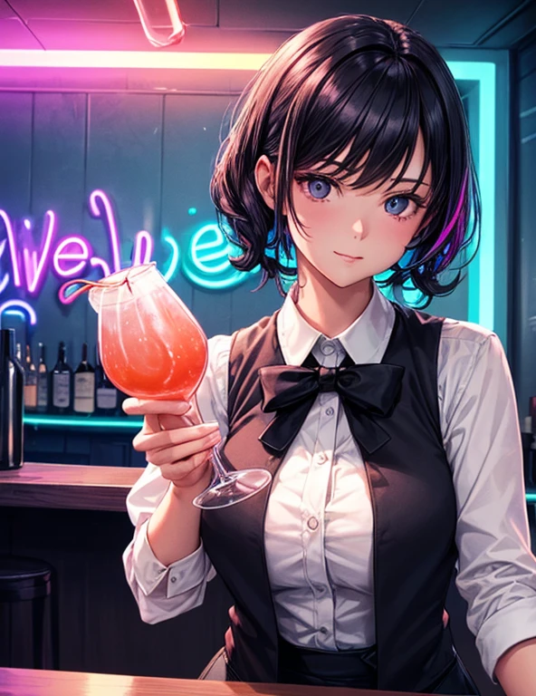 1 lady only, permanent, bartender, (Black vest with white shirt) tie, Stylish clothing, adult, (black hair), (faint smile:0.8), (Masterpiece best quality:1.2) Exquisite illustrations and super detailed, Medium breastBREAK ((Colorful neon lights:1.2 hang on the wall), (Neon tube) glowing rest (Fashion bar) indoors, ((cocktail glass) Filled with colorful wine), (The room is dimly lit), wine bottle, Detailed background