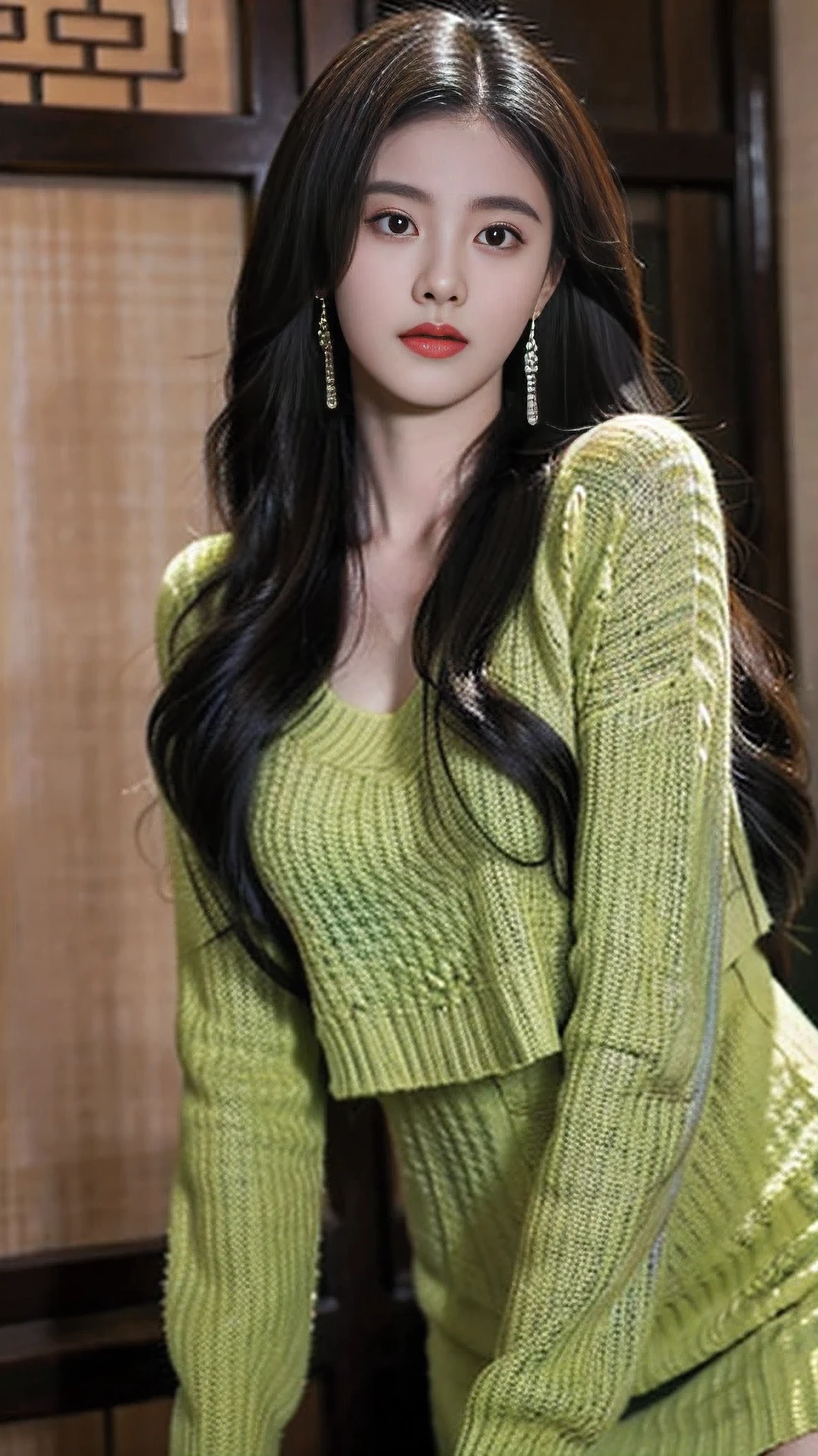 a woman with long hair wearing a green sweater and earrings, ruan jia beautiful!, beautiful south korean woman, gorgeous chinese model, inspired by Huang Ji, beautiful young korean woman, lovely woman, gorgeous young korean woman, chinese style, asian girl with long hair, dilraba dilmurat, xision wu, chinese girl, by Ni Tian, tiffany style