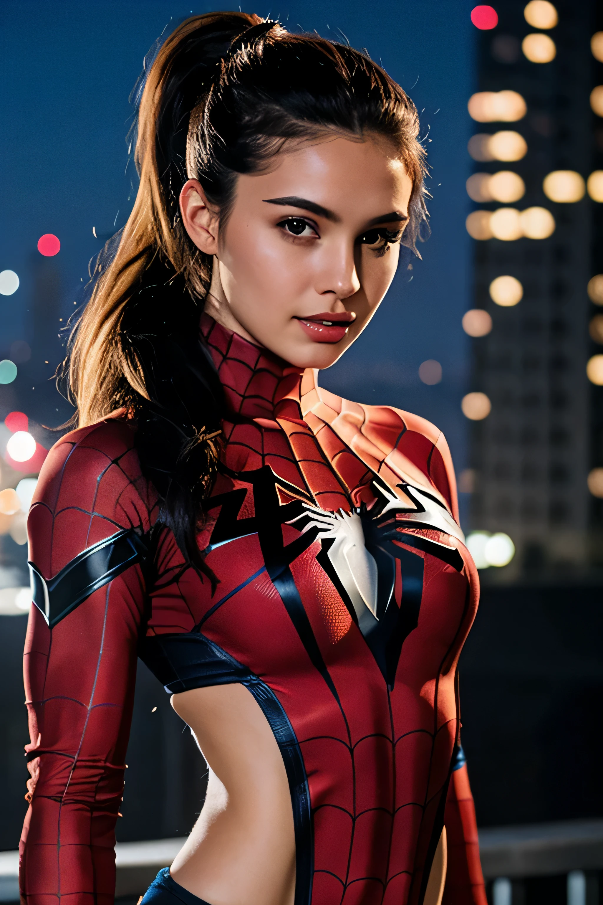 Highly realistic, high definition, 4K, young cute girl , cleavage, wearing Spiderman costume, perfect hair:1.5, pony tail hair, white colour hair, perfect body:1.5, muscular body, full body view, perfect face:1.5, perfect lips:1.5, perfect eyes:1.5, perfect background, muscles, spider woman, spiderweb as background