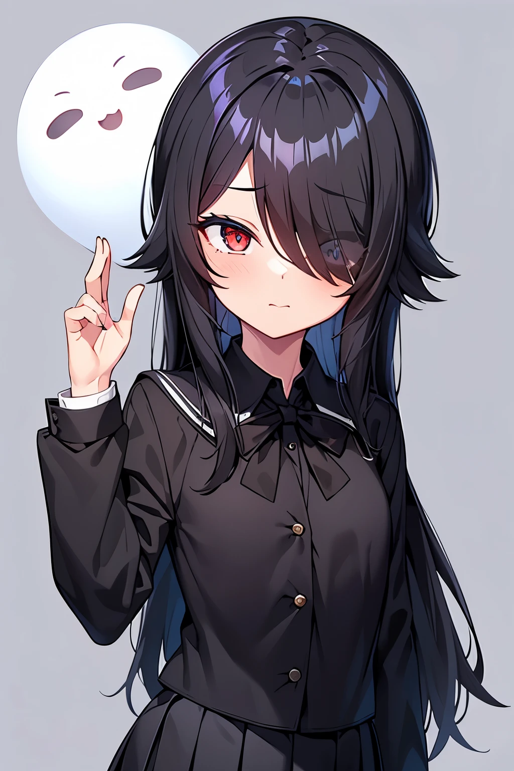 1 girl, black hair, (black school uniform)formal, Ghost, Ghost hair, hair above one eye, long hair, (one eye covered) Indiana Breath, Close-up Boy、flat chest