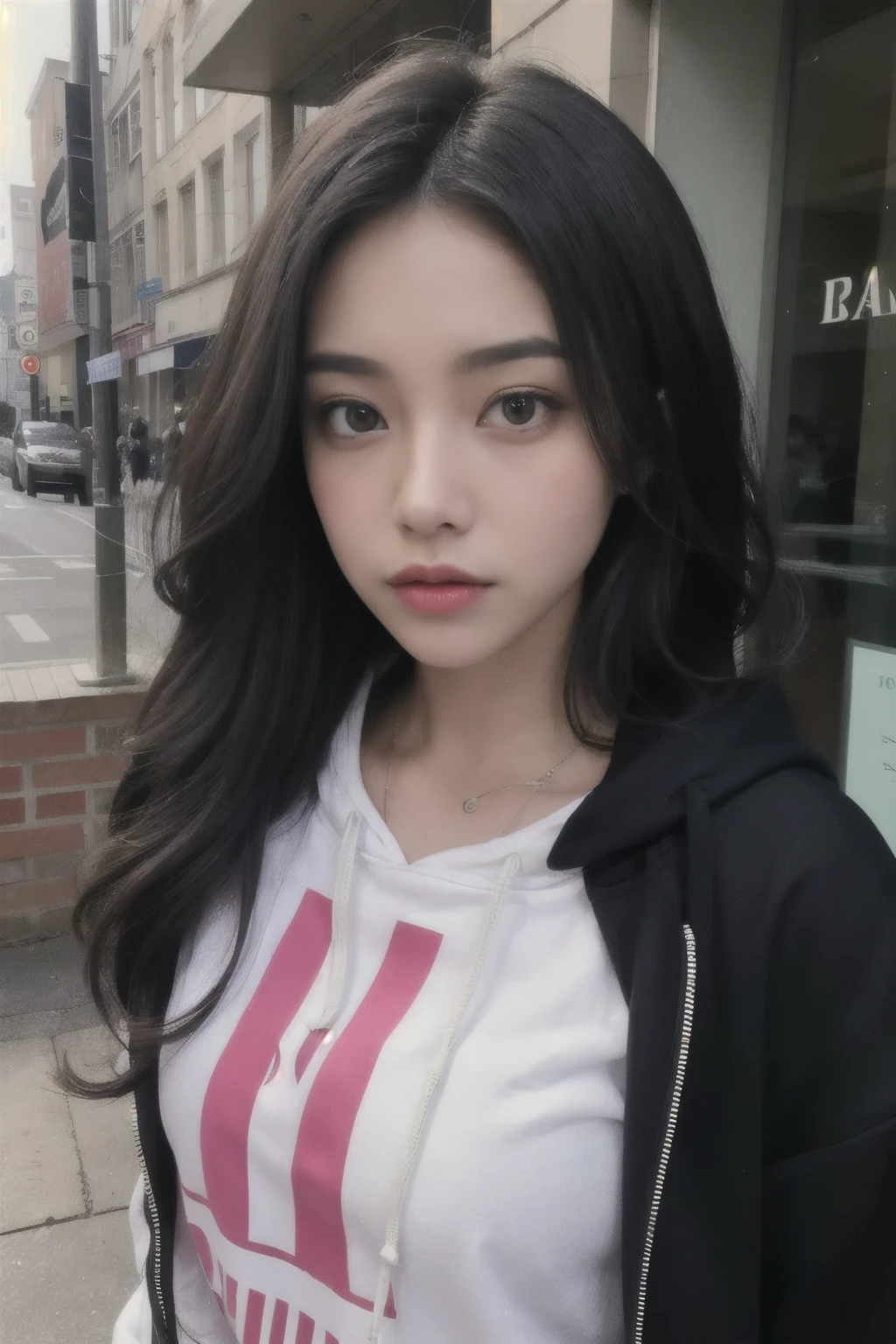 There is a woman wearing a hoodie and taking pictures, blackpink joshi, black-haired girl wearing a hoodie, black pink jenny, profile image, headshot profile phototure, profile photo, No makeup, profile phototure, she has a cute face, 18-year-old, soft devil queen madison beer, profile photo, madison beer, she is about 16 years old