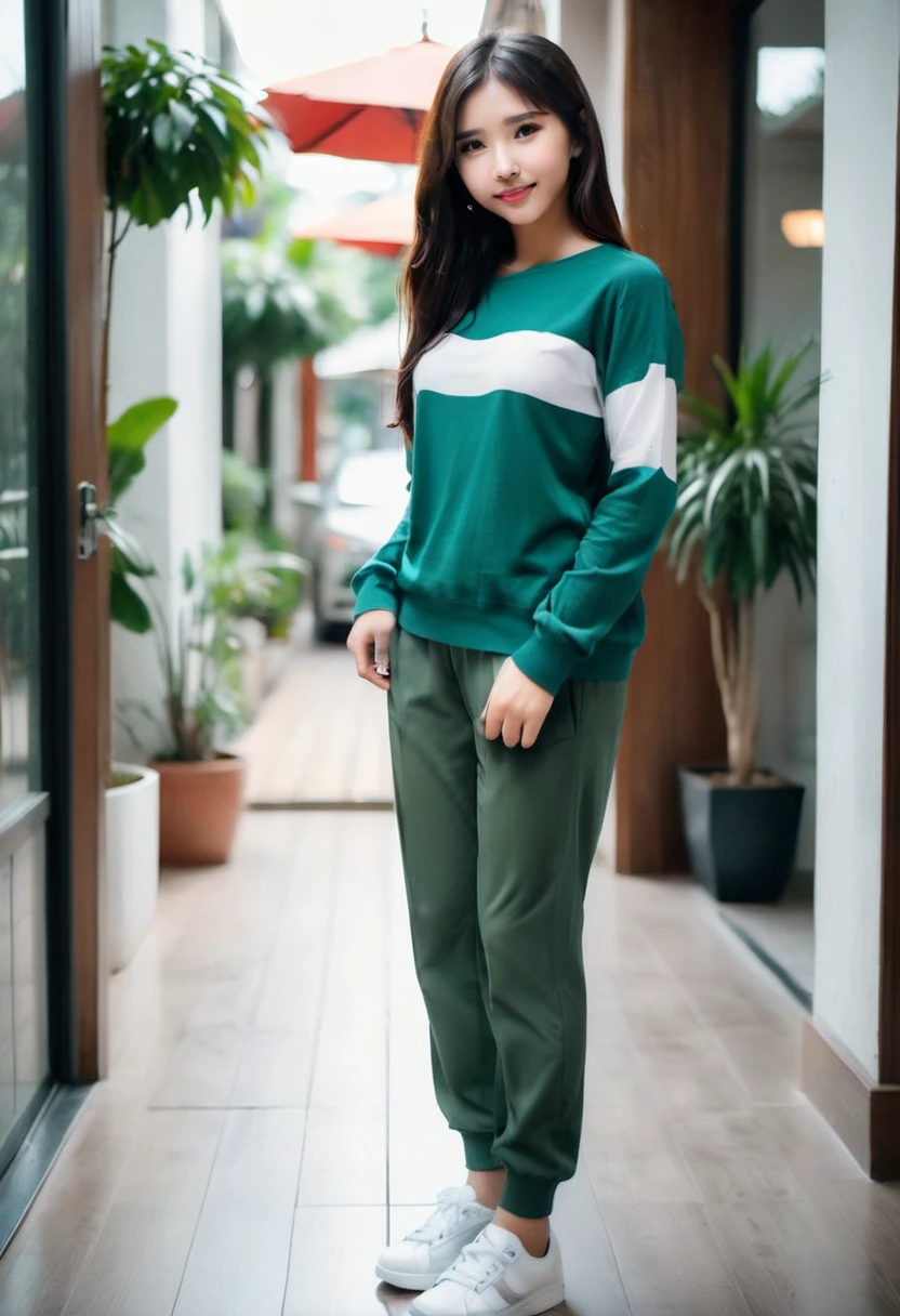 Realistic photo 1:4)) Indonesian girl 23 years old, solo, beautiful face from Indonesia, long straight hair, wearing a long-sleeved patterned knit t-shirt, colorful horizontal and vertical stripes, white detailed jogger pants, wearing detailed rebook shoes, full body appearance smiling gently, standing in front of the door of a luxurious Cafe, green plants, realistic details, HD 1:4 quality photography, cinematic