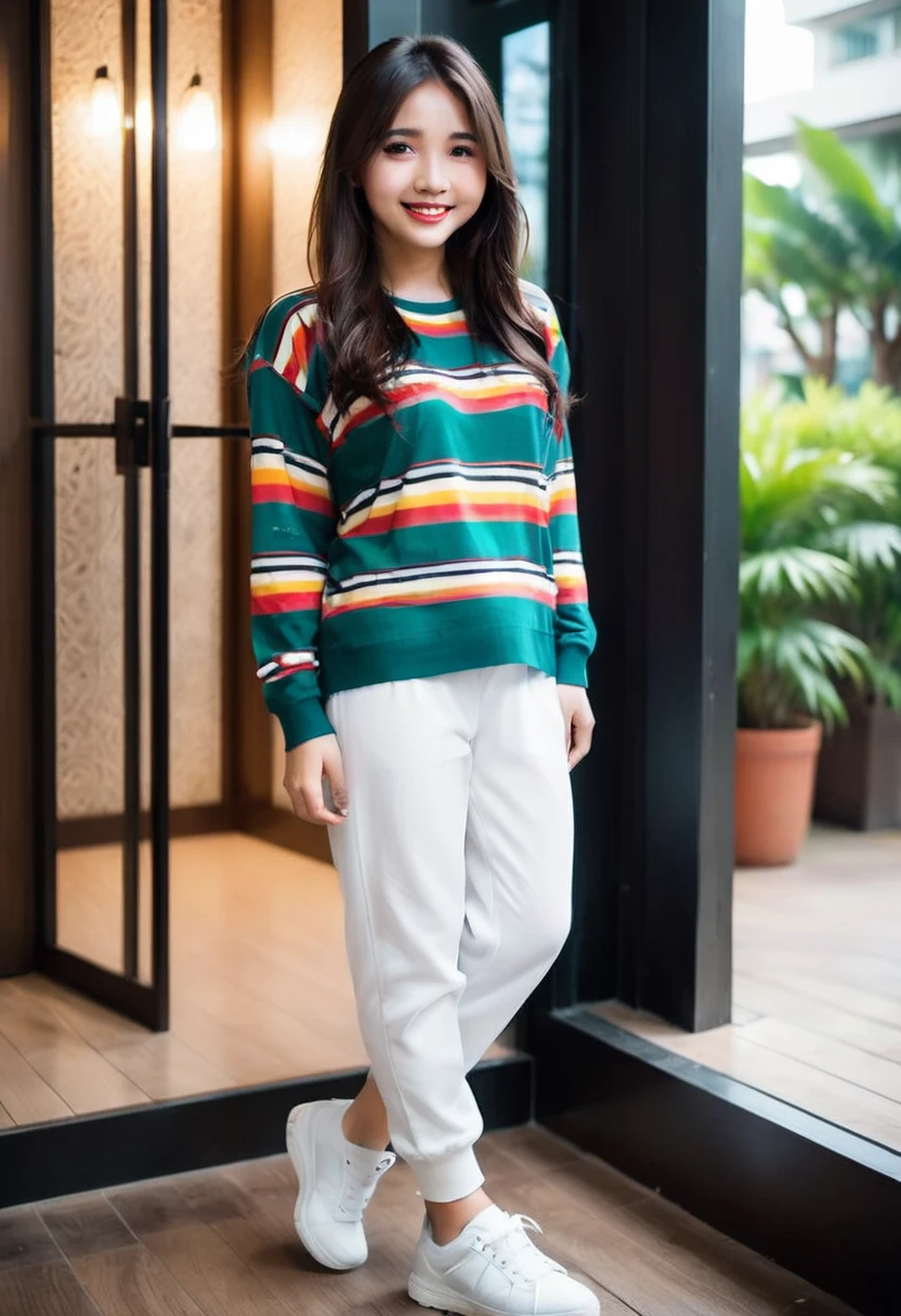 Realistic photo 1:4)) Indonesian girl 23 years old, solo, beautiful face from Indonesia, long straight hair, wearing a long-sleeved patterned knit t-shirt, colorful horizontal and vertical stripes, white detailed jogger pants, wearing detailed rebook shoes, full body appearance smiling gently, standing in front of the door of a luxurious Cafe, green plants, realistic details, HD 1:4 quality photography, cinematic