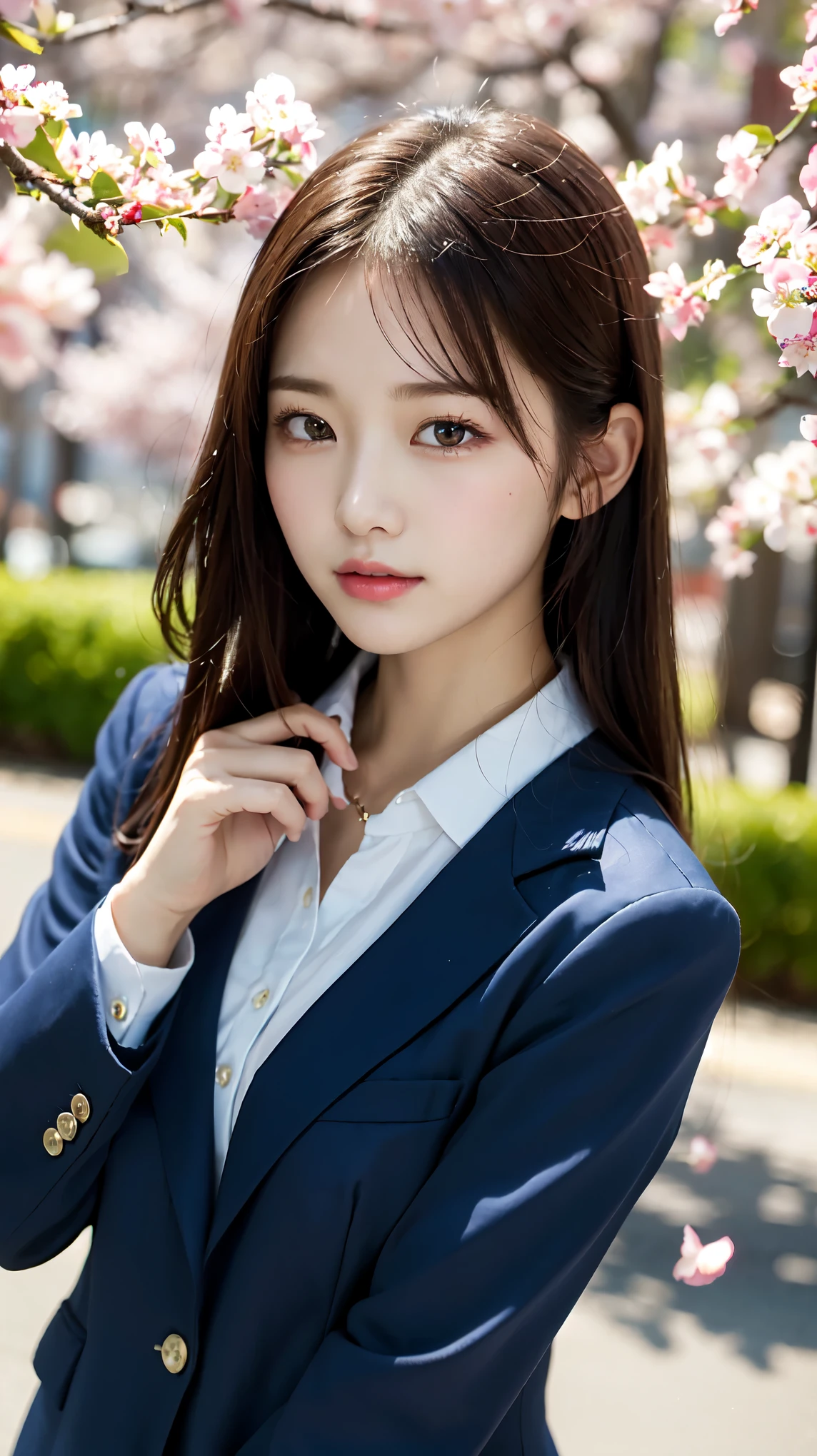 graduation ceremony、high school girl、uniform 、navy blue blazer、Cherry tree in full bloom、Cherry blossom confetti、perfect proportions、cute、((18 year old female:1.2))、young adorable japanese face，official art，Highly detailed CG Unity 8K wallpaper，（masterpiece:1.0),(highest quality:1.0), 超A high resolution,4k,Super detailed, photo shoot, 8K, nffsw, High resolution, kodak portrait 400, film grain, lens flare glow,高いest quality,8K,nffsw:1.2),portrait shot,8K、View viewer