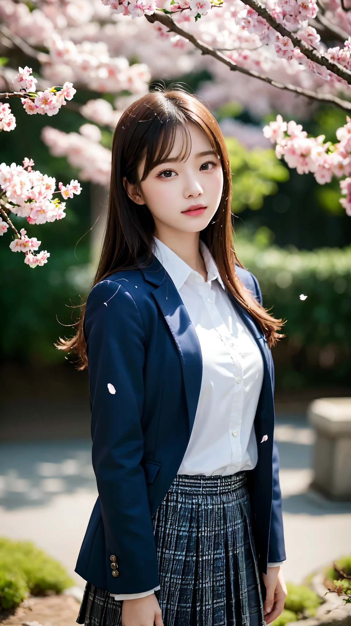 graduation ceremony、high school girl、uniform 、navy blue blazer、Cherry tree in full bloom、Cherry blossom confetti、perfect proportions、cute、((18 year old female:1.ung adorable japanese face,official art,Highly detailed CG Unity 8K wallpaper,(masterpiece:1.0),(highest quality:1.0), 超A high resolution,4k,Super detailed, photo shoot, 8K, nffsw, High resolution, kodak portrait 400, film grain, lens flare glow,高いest quality,8K,nffsw:1.2),portrait shot,8K、View viewer