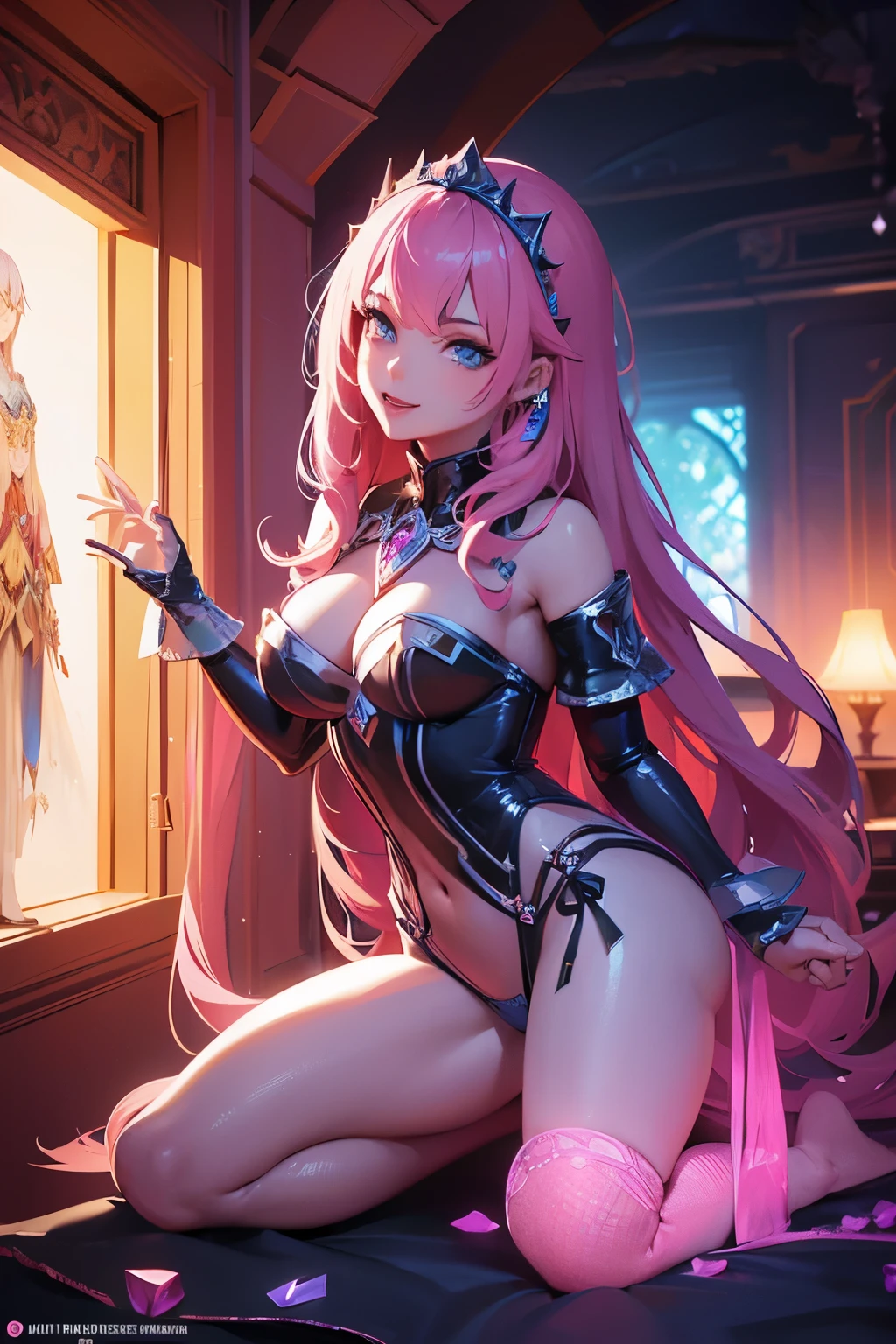 beautiful alluring female knight, long pink curly hair, blue eyes, smiling, pink crystal skimpy lewd bikini armor made entirely of crystals inside a magical palace, fantasy theme, Fiverr Dnd Character, Octane Render, Digital Art, Extreme Detail, 4k, Ultra Hd, Polished, Beautiful, Hyperdetailed, Intricate, Elaborate, Meticulous, Photorealistic, Sharp Focus, Wlop, Character Design, Unreal Engine, 3d Rendered, Volumetric Lighting, Reflections, Glossy, Digital Illustration, Pose, Suggestive Pose, Lewd, Full Body Shot, anatomically correct,💖❤💕💋❣