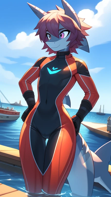 Best quality, Super detailed illustration, Warm tones, perfect lighting, perfect detail, (anthro shark boy:1.4), feminine body, disheveled thick hair, dressed in a diving suit, Tricky glance, against the background of the harbor ,femboy ,small waist, wide hips, slim, perfect body, style "DND"