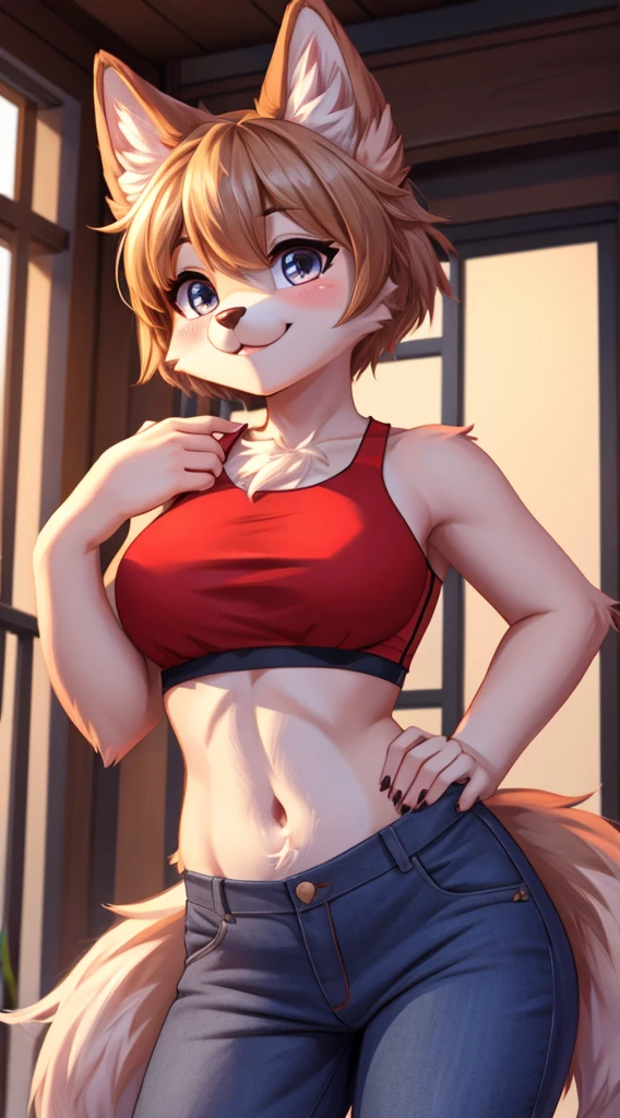 furry woman, , cute, 8k,fuzzy fur, cute outfit, cute face, short pants and a crop top
