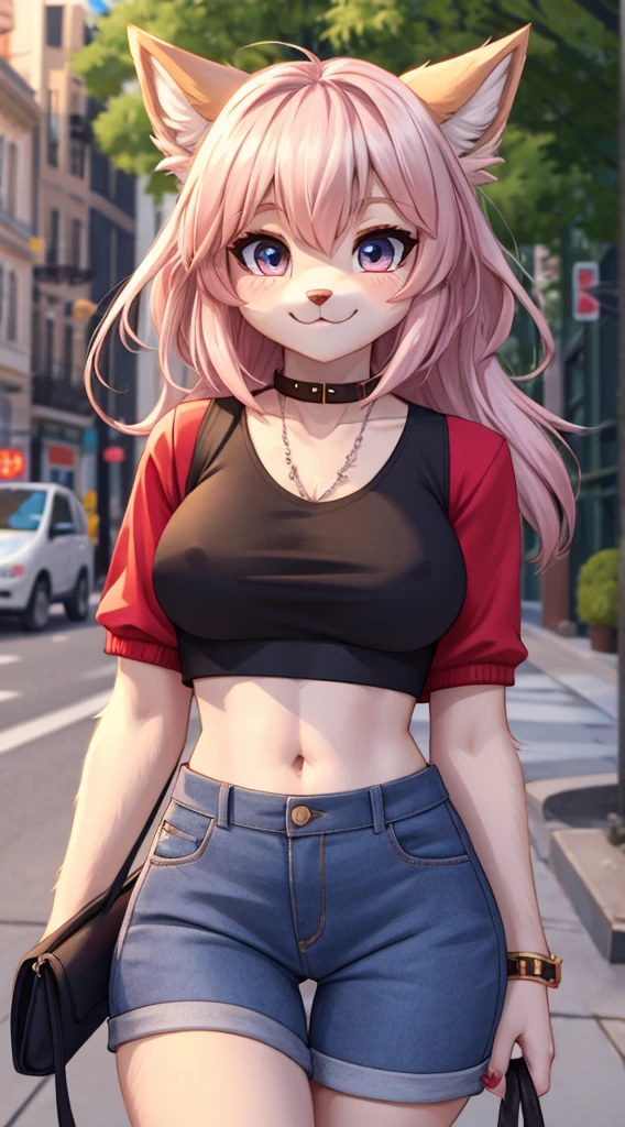 furry woman, , cute, 8k,fuzzy fur, cute outfit, cute face, short pants and a crop top
