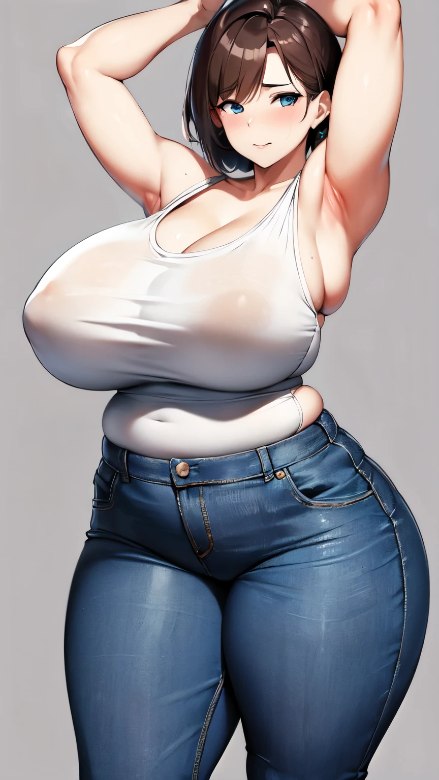 huge breasts, big hips, Tank top, denim shorts, full body shot, Mature mother, Whipping the lower body, plump thighs, calf, bewitching mature woman, perfect body, plus size model,