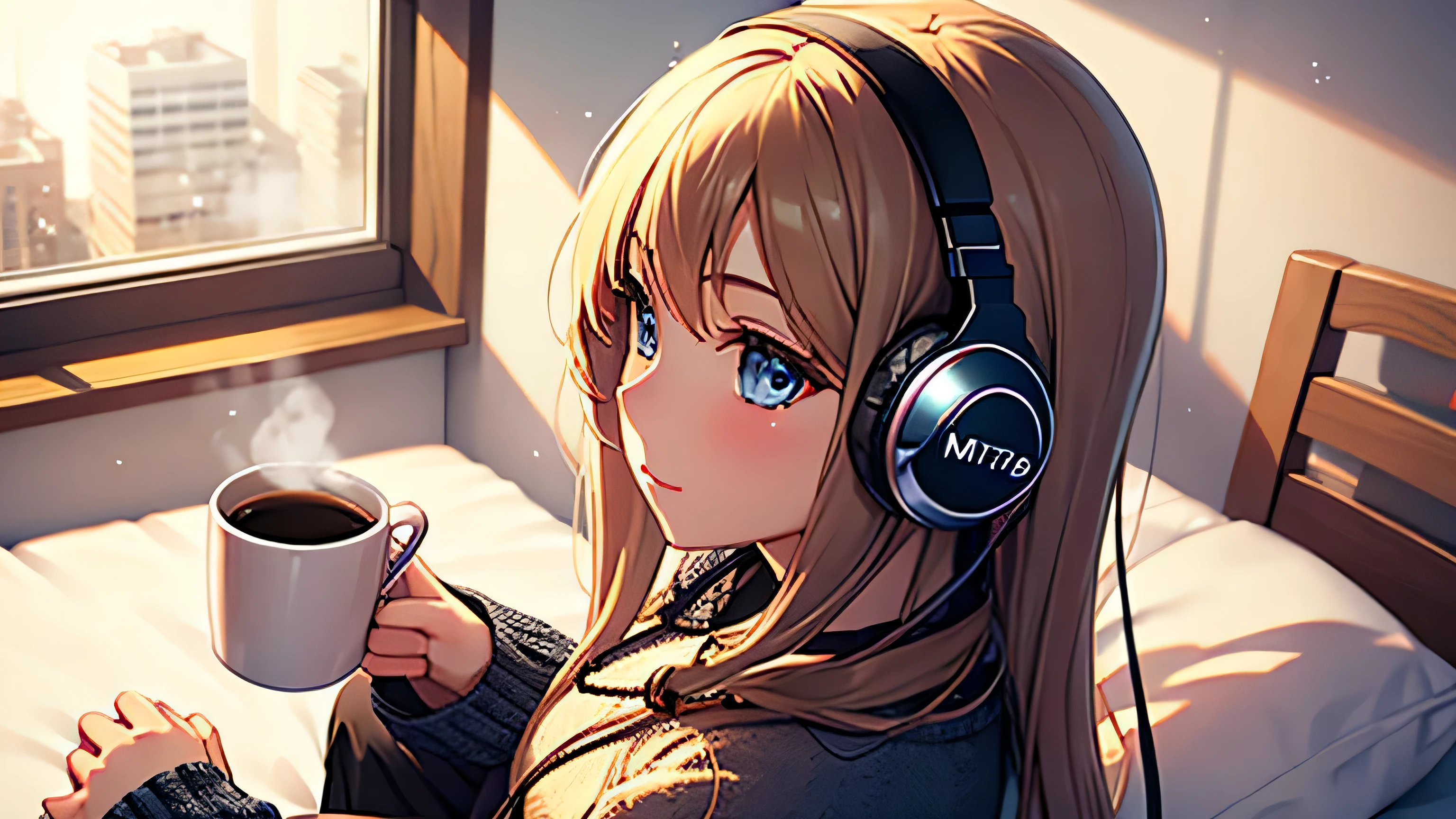 Beautiful girl sitting on bed knitting in warm room and listening to music on headphones　hot coffee　