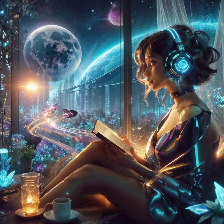 a futuristic universe with dynamic neon galaxy and beautiful moon eclipse, a titanium mechanic metallic beautiful robot resembling Alita wearing fancy futuristic headphones listening to music, playing a transparent crystal grand piano in a super spacious high ceiling cozy bedroom made entirely of glass, a transparent LED screen in front of her, showing complicated music notes, ultra realistic, tons of detail, high resolution, night light setting, in 16:9 aspect ratio, with reflections of the galaxy on the piano surface, including crystal shining plants and flowers like those in Avatar 2, with bioluminescent insects flying around, similar to Lofi girl, with frameless windows and bioluminated butterflies, and a fully transparent frameless dome ceiling, with frameless window, and a floating holographic moon outside