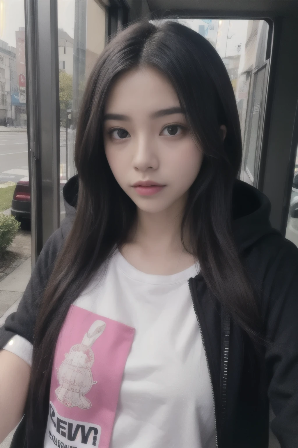 There is a woman wearing a hoodie and taking pictures, blackpink joshi, black-haired girl wearing a hoodie, black pink jenny, profile image, headshot profile phototure, profile photo, No makeup, profile phototure, she has a cute face, 18-year-old, soft devil queen madison beer, profile photo, madison beer, she is about 16 years old