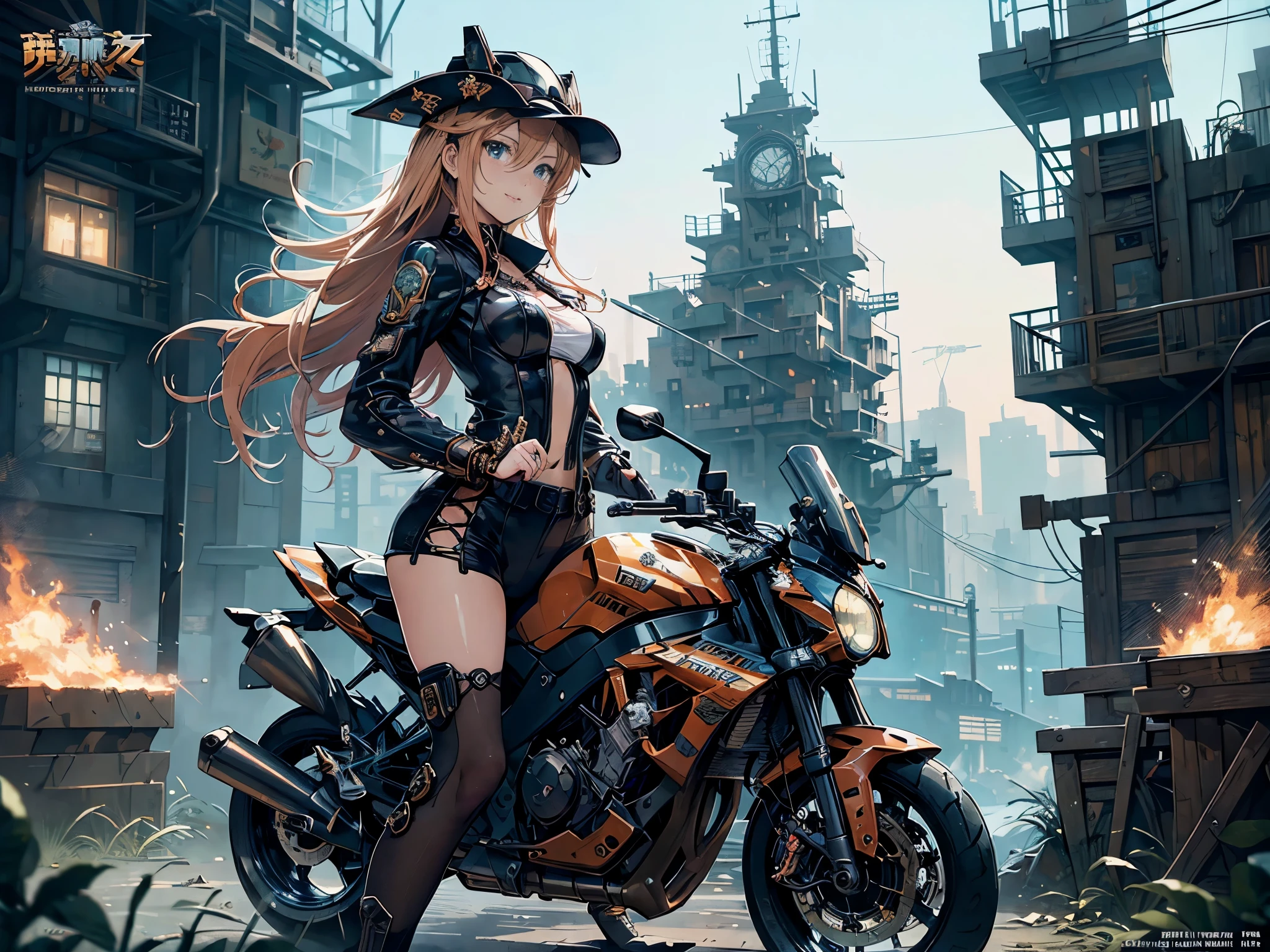 (comic book style),(line drawing_anime),(cowboy shot, highest quality, ),(Laura Budd Photos:1.2),(Laura Add Details:1.0),8K, flat color:0.8,1 girl,smile、(Steampunk bike ride 1.5)、Exquisitely decorated motorcycle、(Highly decorative and complex mechanical steampunk fashion, lace flare dolphin hat、goggles 1.5、machinery background、Gear background、Intricately mechanized steampunk cityscape 1.5),