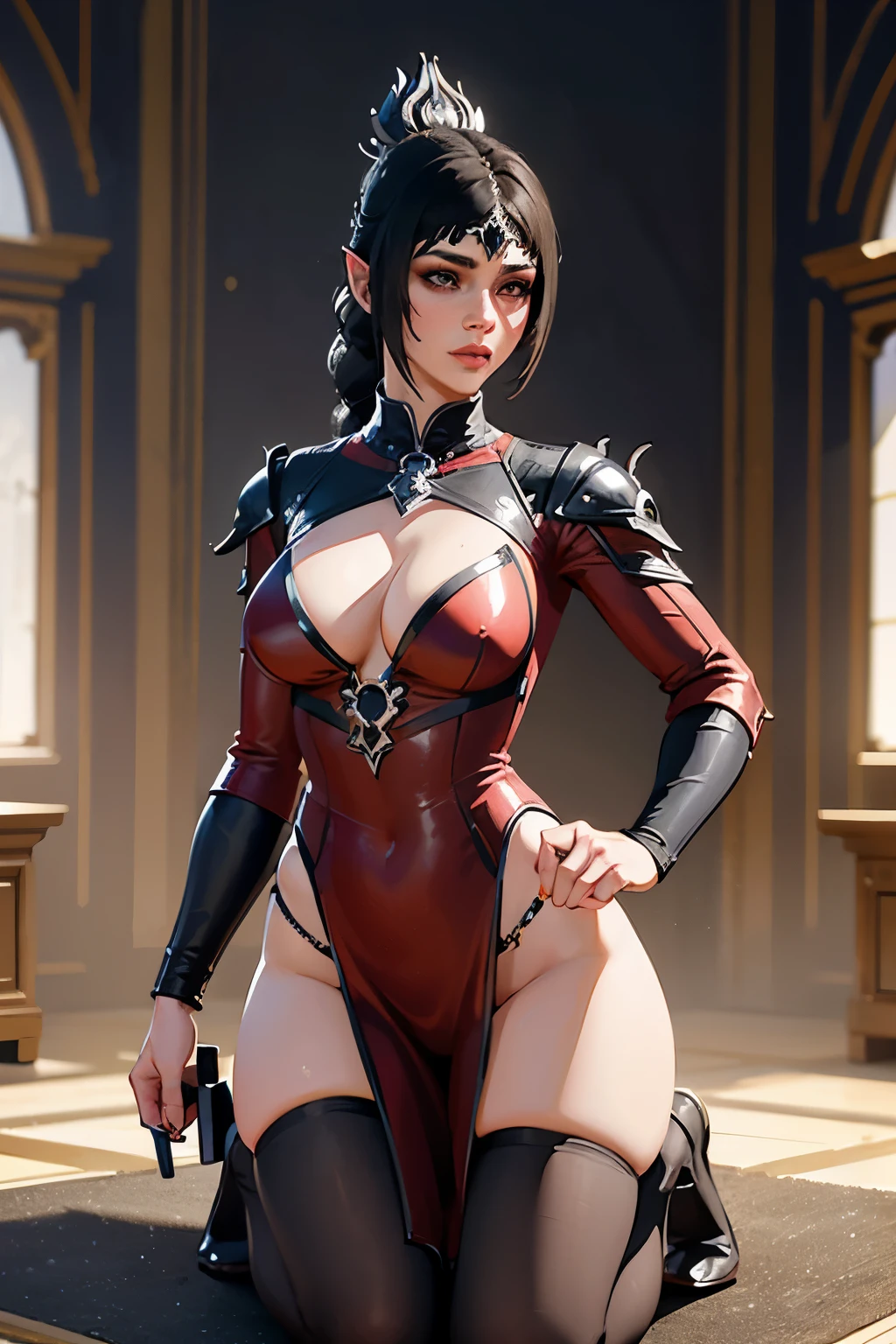 Beautiful Alluring fantasy female warrior knight, Bare Skin, ornaments, crimson red metal armor, Athletic Well Toned Body, Elegant Form, Bare Skin, inside a gothic temple, Barely Clothed, cleavage, Beautiful Face, Ominous Gothic Theme, fantasy theme, Fiverr Dnd Character, Octane Render, Digital Art, Extreme Detail, 4k, Ultra Hd, Polished, Beautiful, Hyperdetailed, Intricate, Elaborate, Meticulous, Photorealistic, Sharp Focus, Wlop, Character Design, Unreal Engine, 3d Rendered, Volumetric Lighting, Reflections, Glossy, Digital Illustration, Pose, Suggestive Pose, Lewd, Full Body Shot, anatomically correct 💖❤💕💋❣