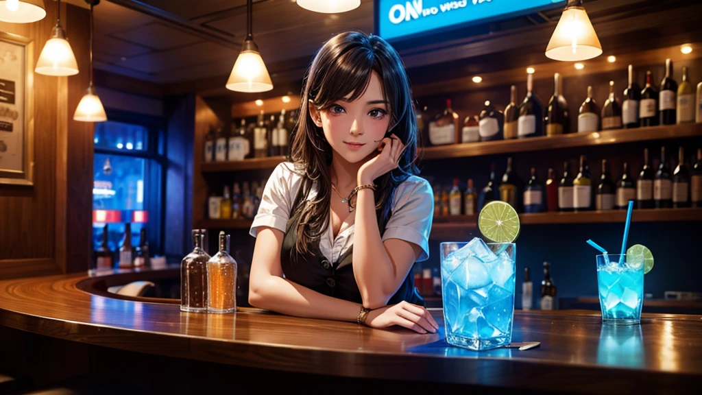 1 beverage cart, woman in a bar, night, LED light, Blue LED, night, , Drinks 5 euros, Bartender making drinks