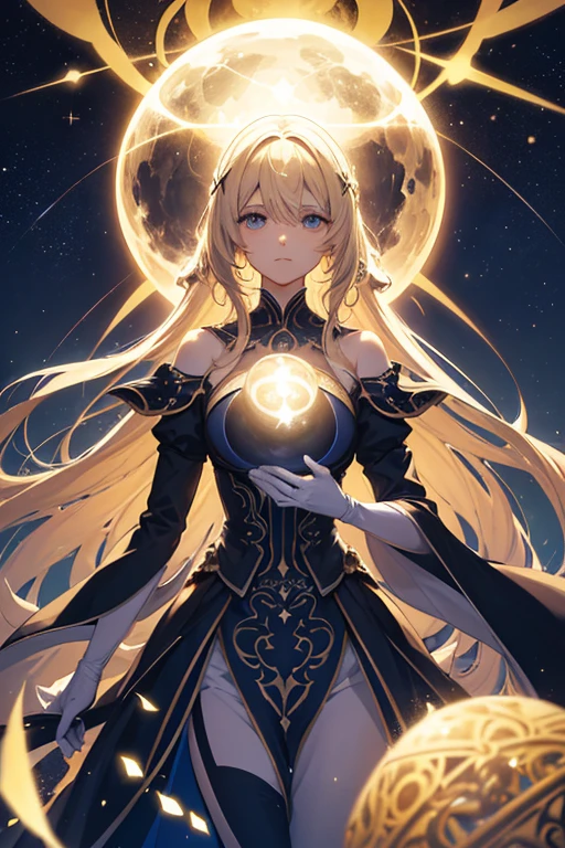 (Obra maestra:1.2), Mejor calidad, (illustration:1.2), (ultra detallado), hiper detalles, (delicado detallado), (detalles intrincados), (cinematic light, Mejor calidad Backlights), Delete line, solista, Cuerpo perfecto, (1 chica), a monochromatic negative x-ray diffraction artistic representation featuring a timeless beauty blonde woman holding a psychedelic mandlebrot sphere against a starry background. The figure’s eyes are covered by bright stars, and the orb emits an intricate pattern of light, creating an aura of mystique and otherworldliness, (constituir), alto contraste, (mejor iluminacion, un extremadamente creado y hermoso), (cinematic light), vistoso,