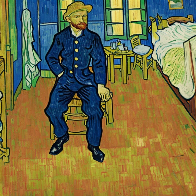 Um homem (He's a redhead, branco, olhos claros, wears a dark blue sailor hat, um terno com o mesmo tom de azul) is sitting on the bed in van gogh&#39;s room. In the bedroom window there is a tree with white leaves 