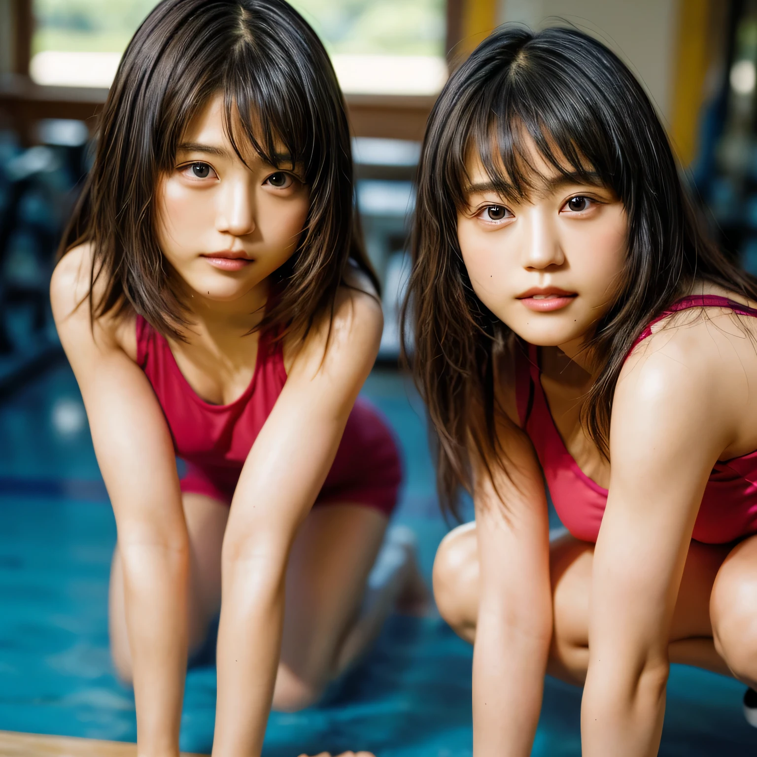 Beautiful identical twin sisters、(8K、Raw photo、highest quality、masterpiece:1.2)、(realistic、Photoreal:1.37)、Super detailed、超A high resolution、1 girl、There is a genuine uneven frame.、Kasumi Arimura、see the beholder、Beautiful and dense face、smile、narrow、(Muscular style) :1.3)、gymnastics、beautiful and smooth skin、skin texture、professional lighting、Full body Esbian、I&#39;I am doing muscle training.....、(muscular body)、Hold dumbbells