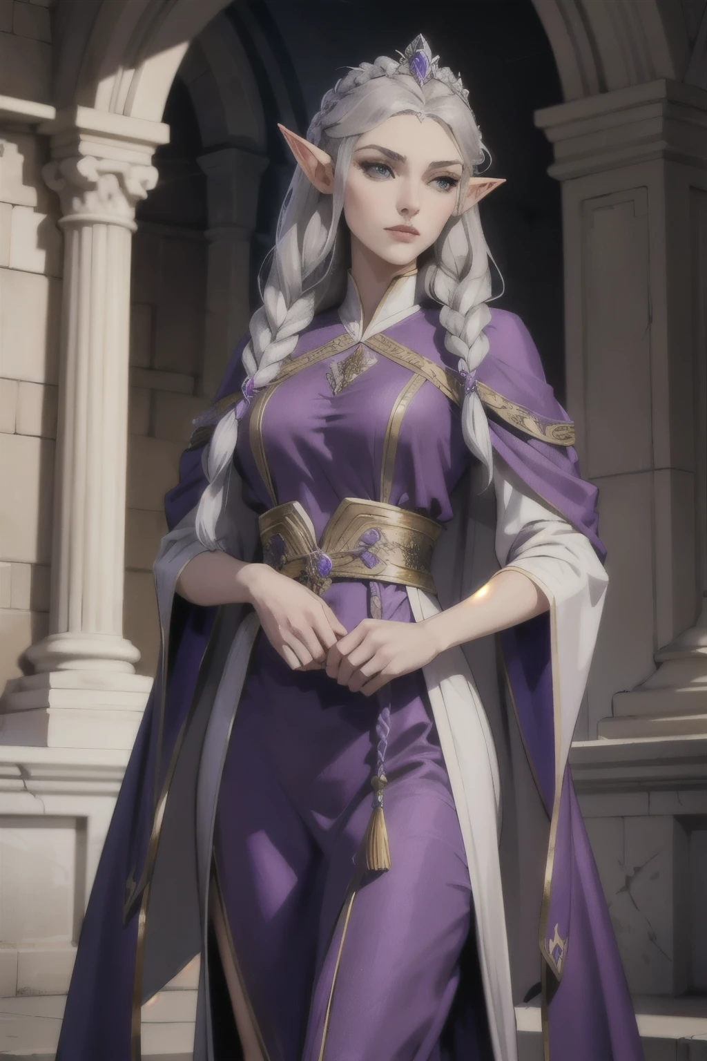 Female elf royalty, beautiful, tall, slender, confident face, with silver braided hair, noble purple robes, fully clothed, royal attire, confident sharp look, majestic, royalty, princess, wearing a crown, in a kings court, long robes, detailed face,